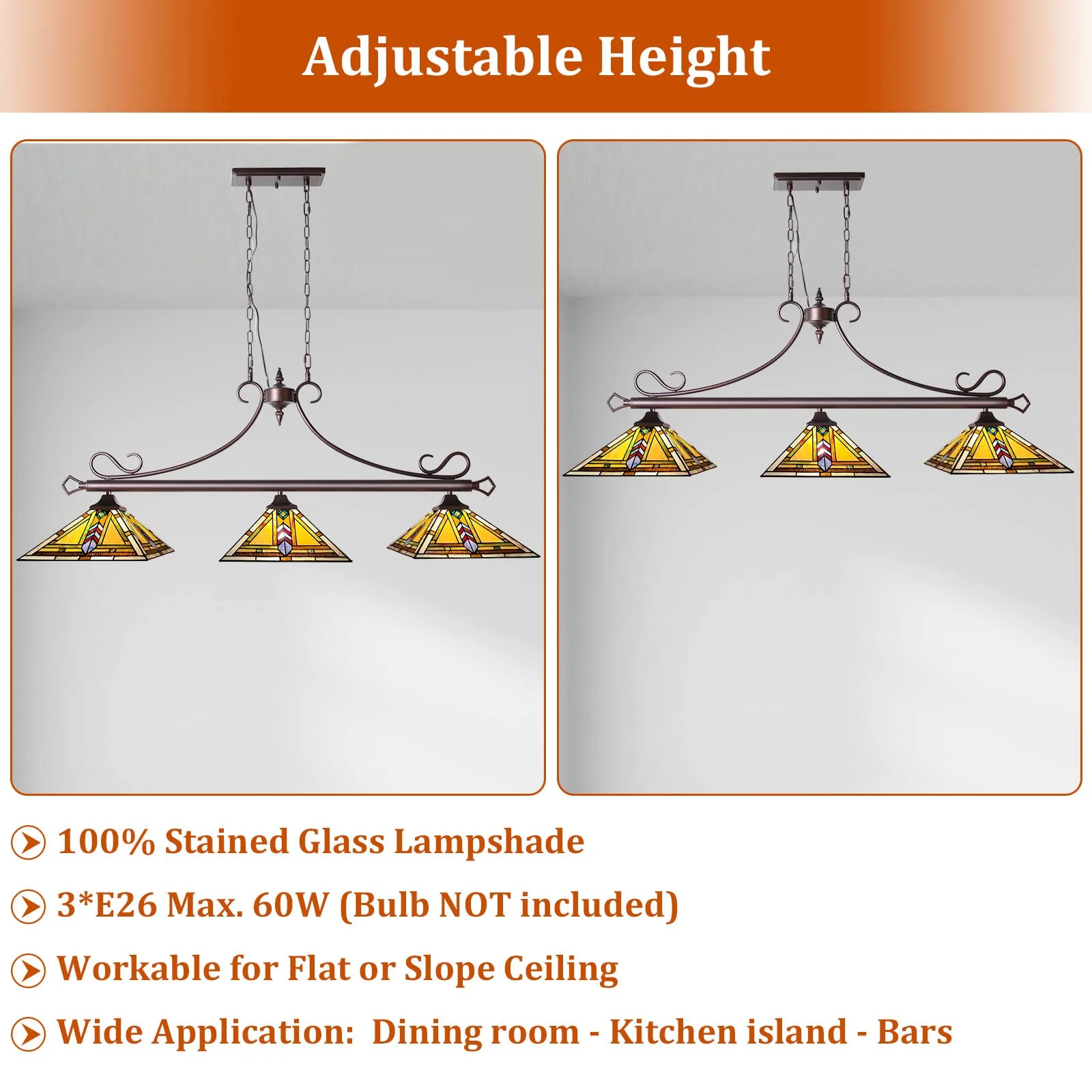 Thatyears Tiffany Pool Table Light Chandelier 3 Light Kitchen Counter Island Lighting 12" Wide Stained Glass Dining Room Light Fixtures ORB Finishing - Image 5