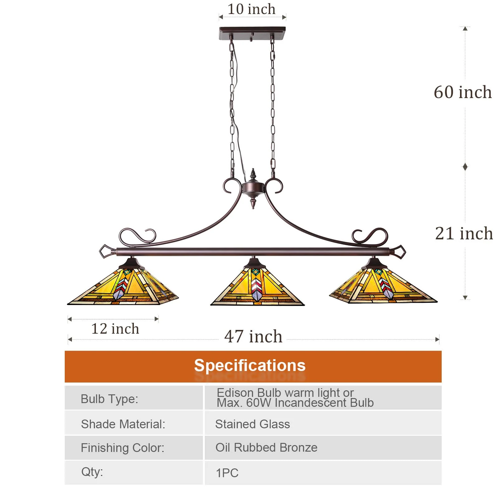 Thatyears Tiffany Pool Table Light Chandelier 3 Light Kitchen Counter Island Lighting 12" Wide Stained Glass Dining Room Light Fixtures ORB Finishing - Image 6