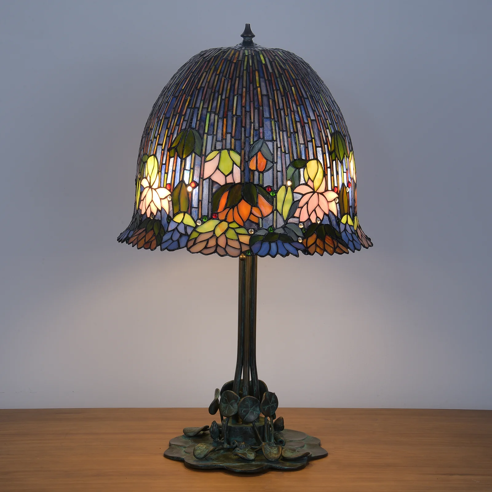 Thatyears Tiffany Style Lotus Stained Glass Table Lamp – Handcrafted Dome Shade with Bronze Lotus Leaf Base - Image 2