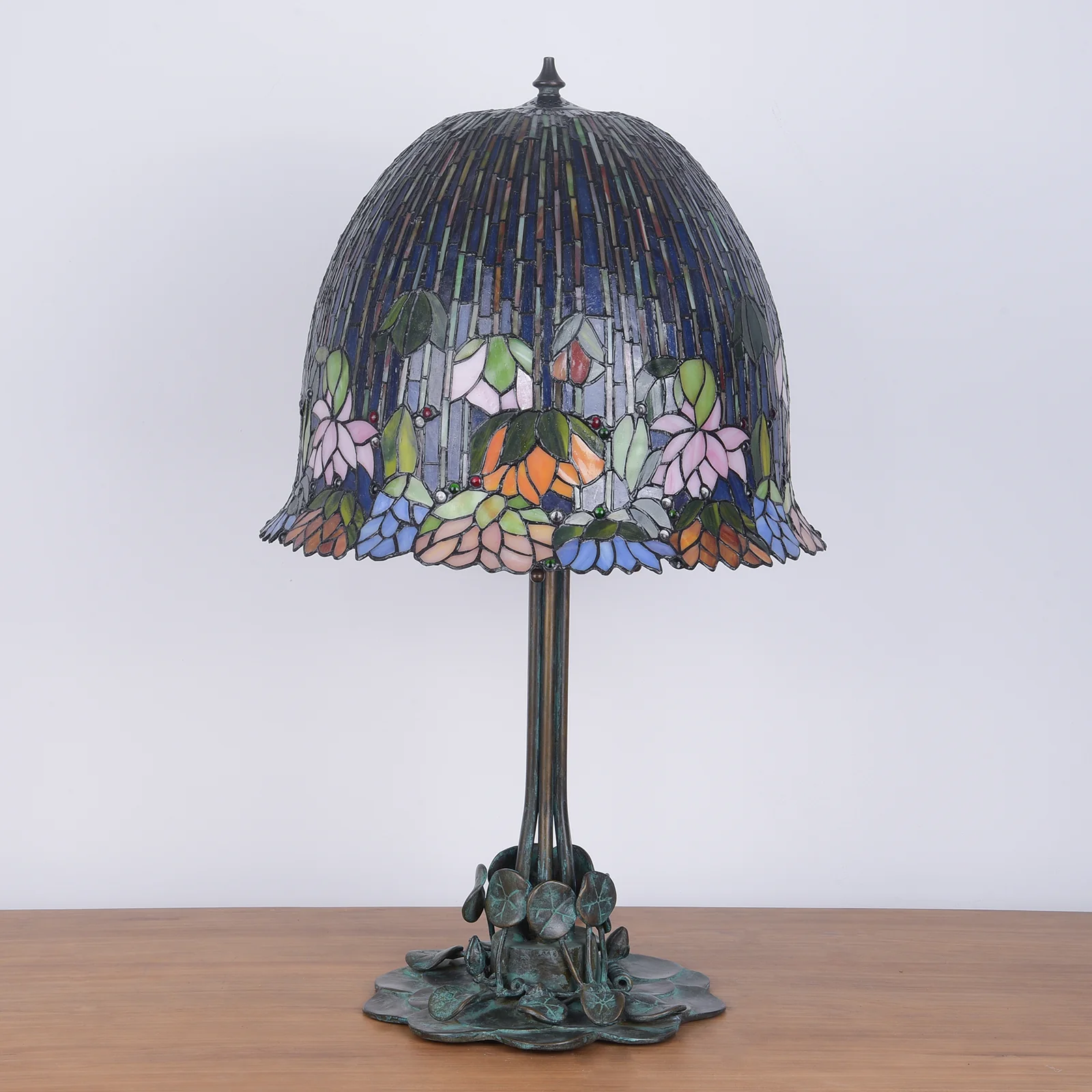Thatyears Tiffany Style Lotus Stained Glass Table Lamp – Handcrafted Dome Shade with Bronze Lotus Leaf Base - Image 4