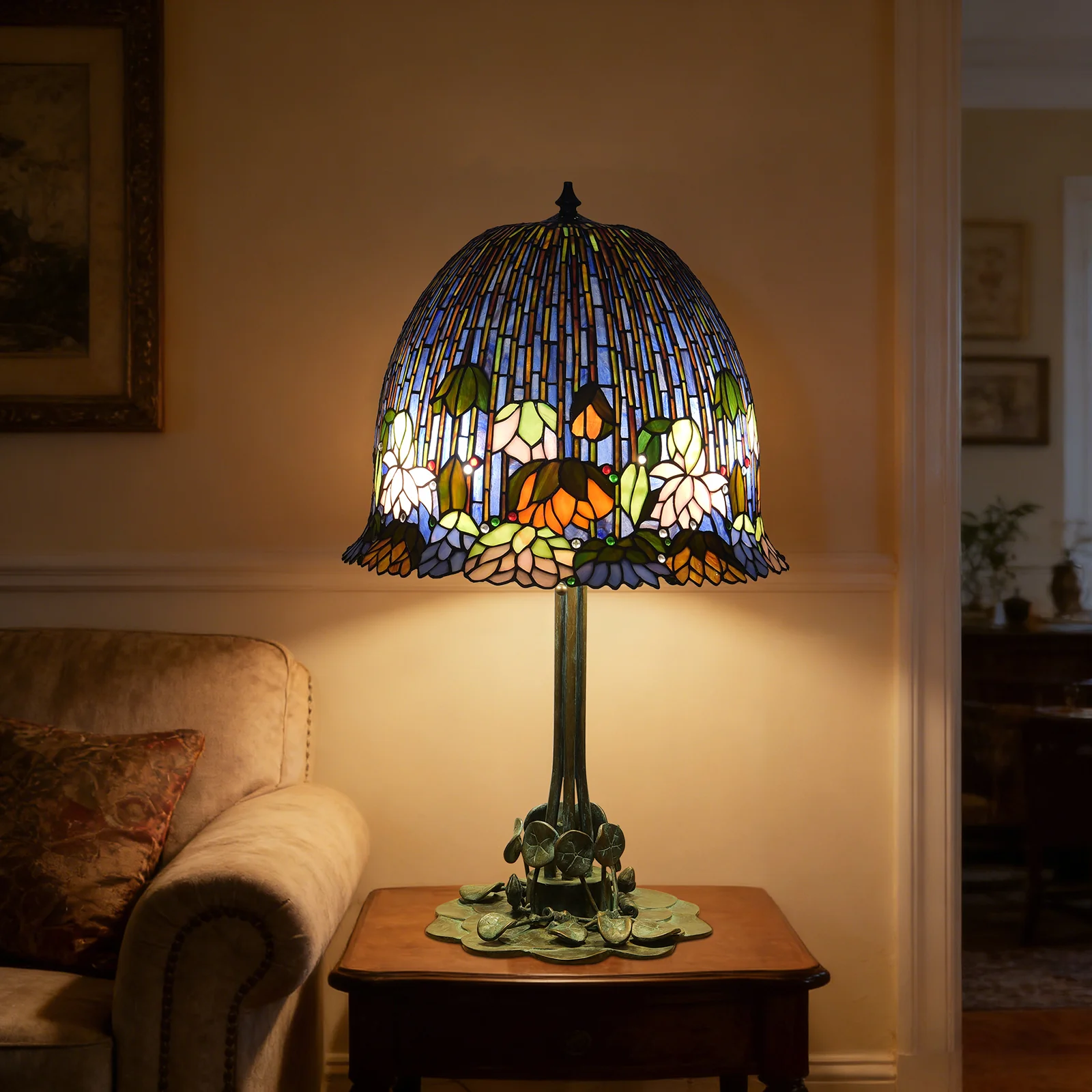 Thatyears Tiffany Style Lotus Stained Glass Table Lamp – Handcrafted Dome Shade with Bronze Lotus Leaf Base - Image 7