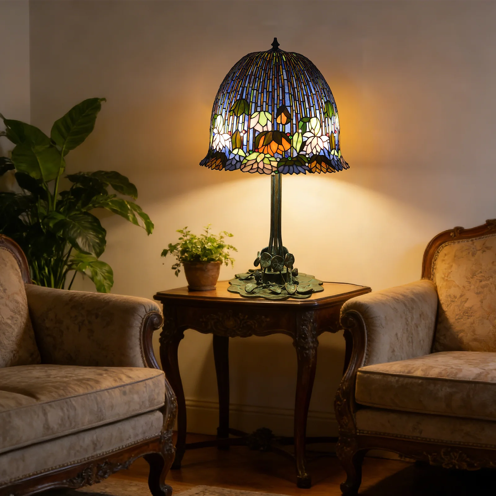 Thatyears Tiffany Style Lotus Stained Glass Table Lamp – Handcrafted Dome Shade with Bronze Lotus Leaf Base - Image 8