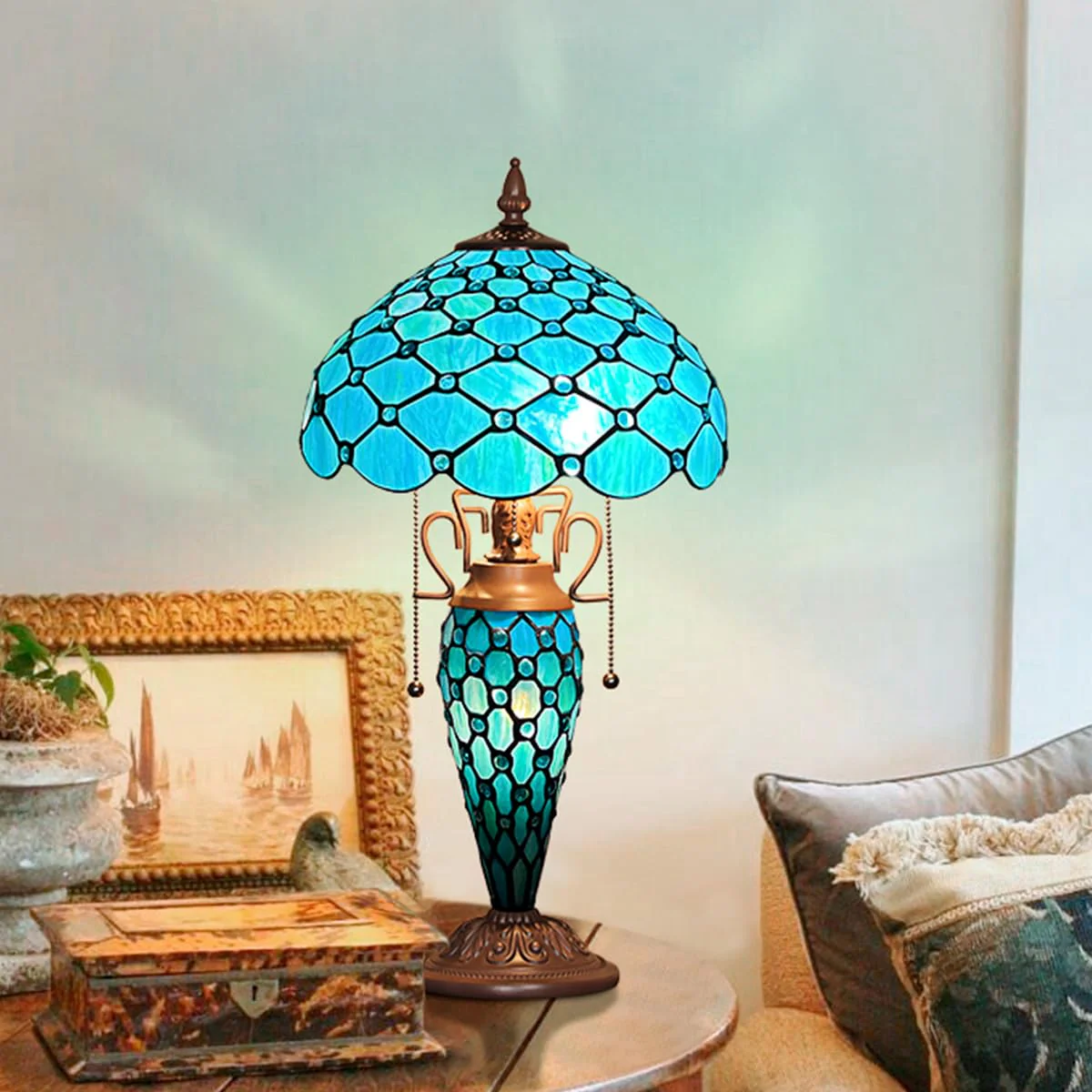 Thatyears Tiffany Table Lamp, Seagrass Blue Beads Style Stained Glass Table Lamp 12X12X23 Inches Mother-Daughter Vase Desk Lamp Decor for Bedroom Living Room Home Office - Image 3