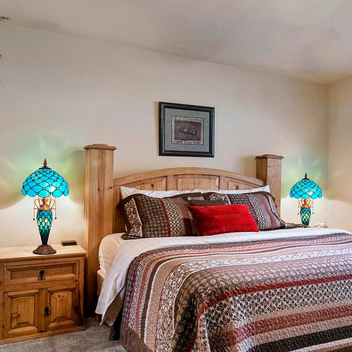 Thatyears Tiffany Table Lamp, Seagrass Blue Beads Style Stained Glass Table Lamp 12X12X23 Inches Mother-Daughter Vase Desk Lamp Decor for Bedroom Living Room Home Office - Image 4