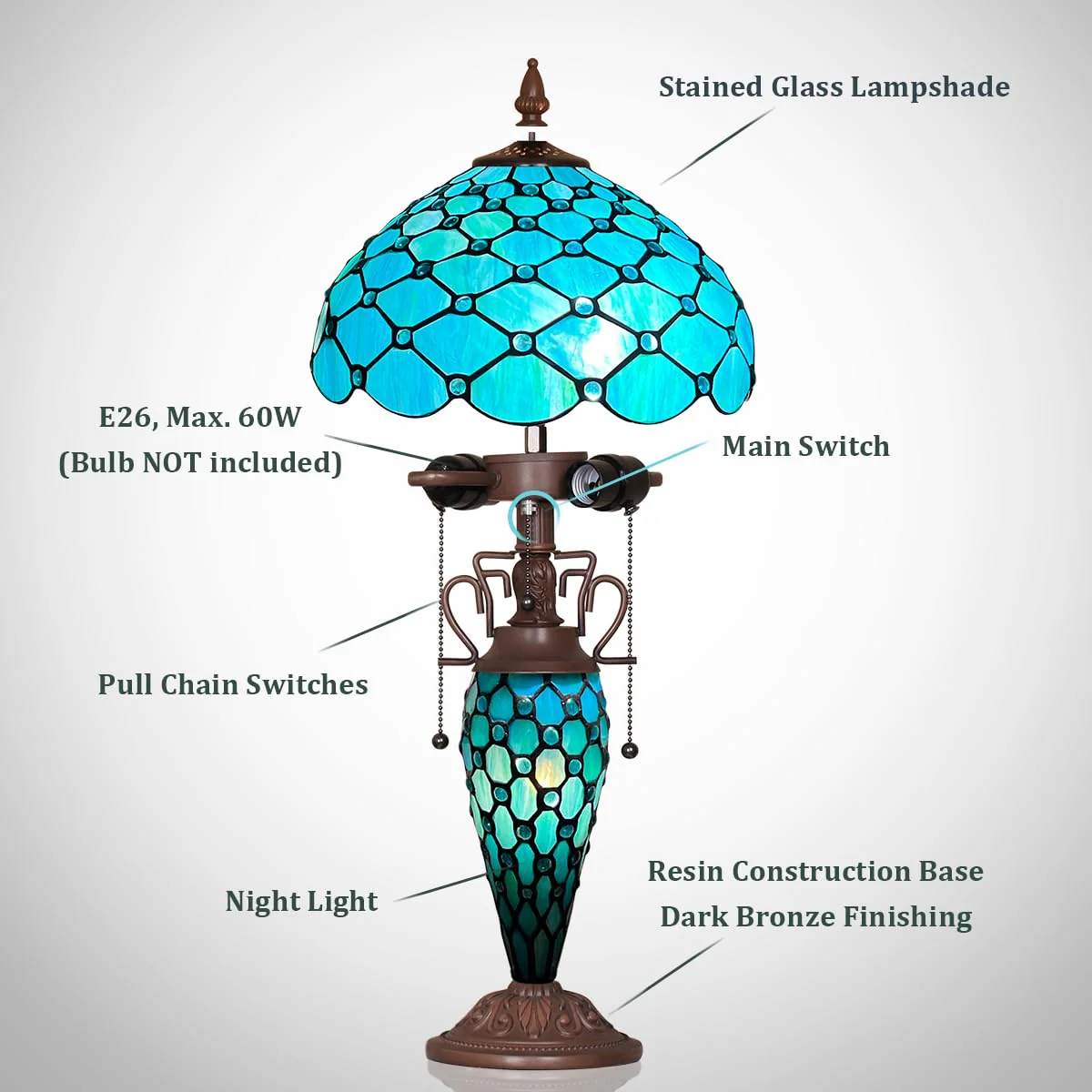 Thatyears Tiffany Table Lamp, Seagrass Blue Beads Style Stained Glass Table Lamp 12X12X23 Inches Mother-Daughter Vase Desk Lamp Decor for Bedroom Living Room Home Office - Image 6