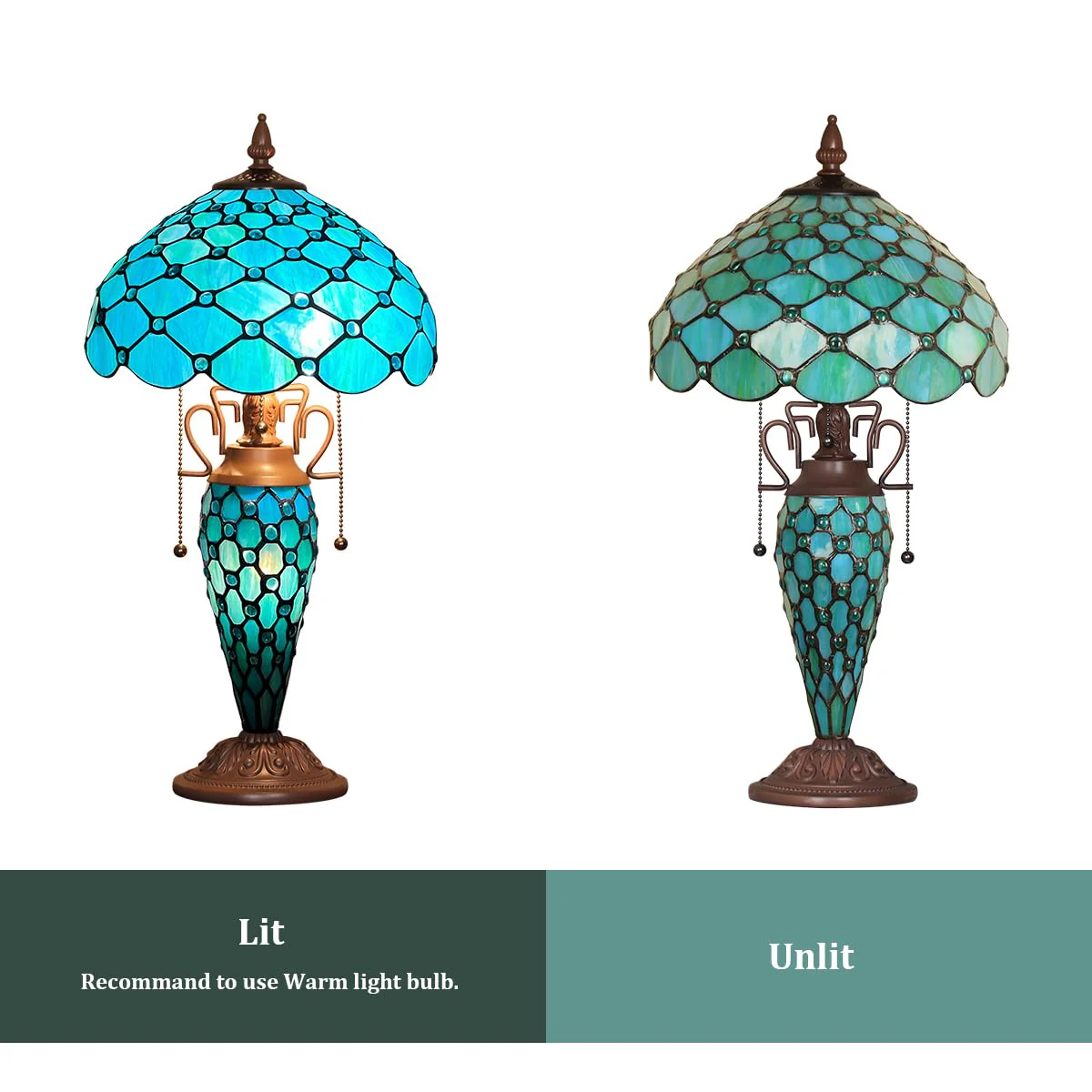 Thatyears Tiffany Table Lamp, Seagrass Blue Beads Style Stained Glass Table Lamp 12X12X23 Inches Mother-Daughter Vase Desk Lamp Decor for Bedroom Living Room Home Office - Image 7