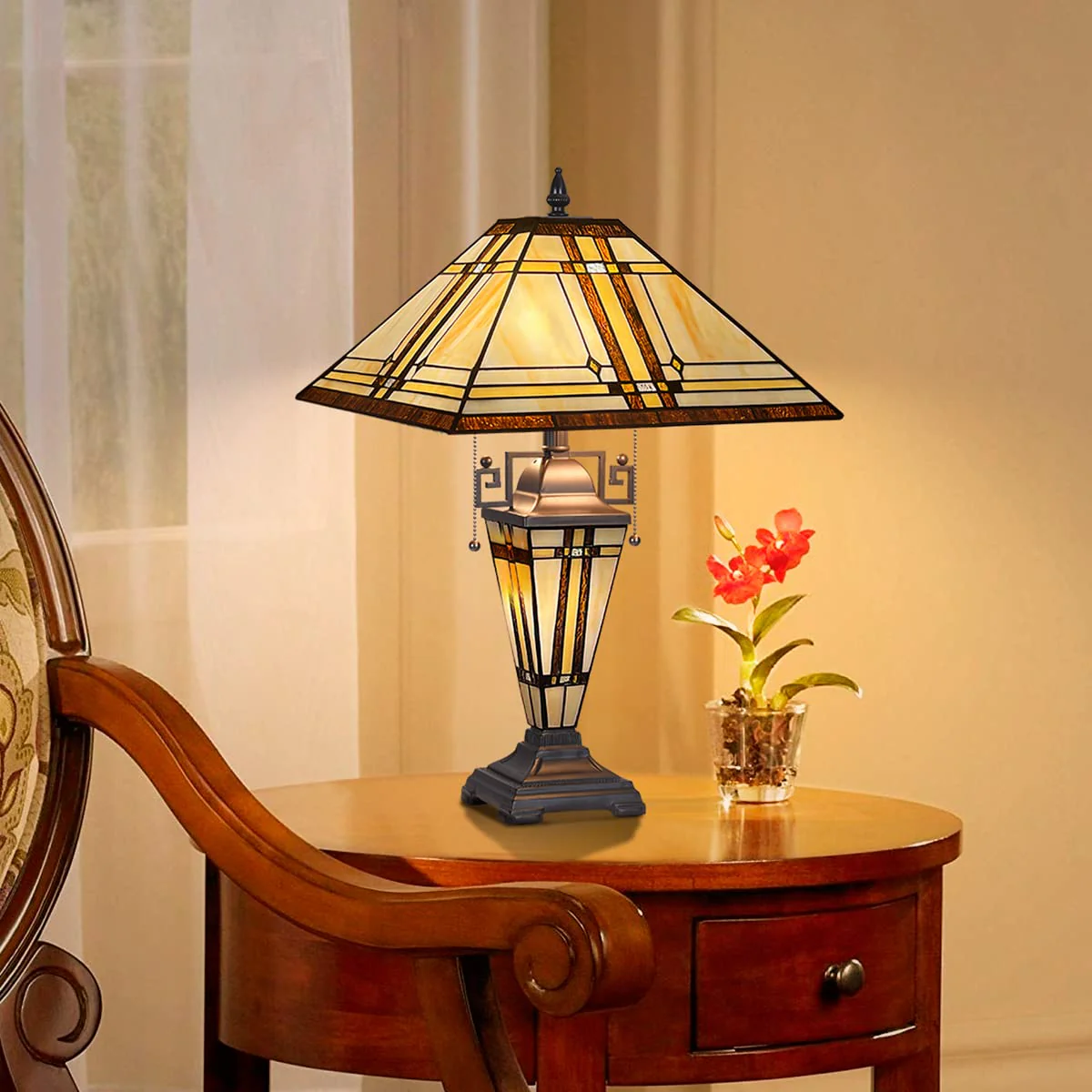 Thatyears Tiffany Table Lamp, Cream Diamond Style Stained Glass Table Lamp 16X16X24 Inches Mother-Daughter Vase Desk Lamp Decor for Bedroom Living Room Home Office - Image 4