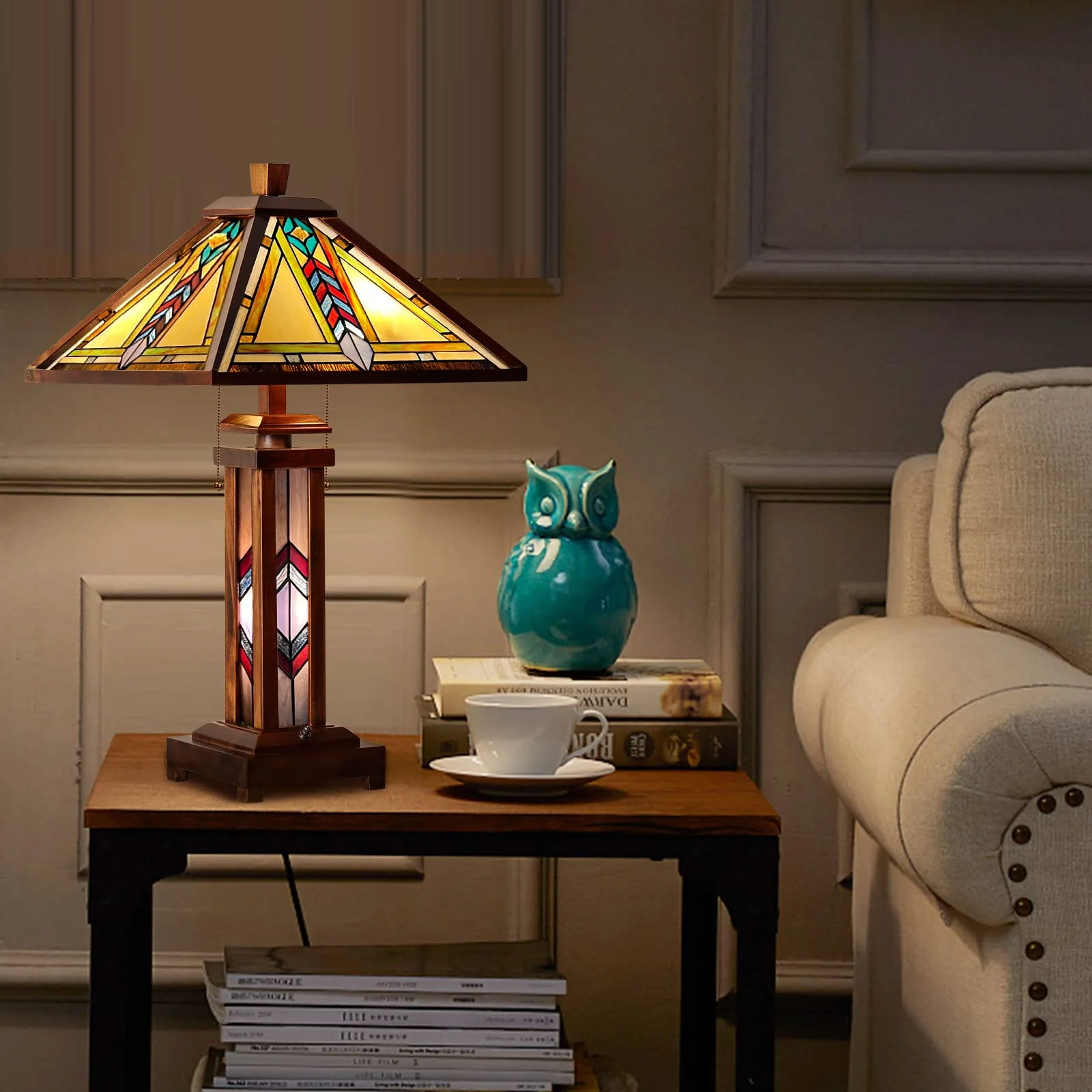 Thatyears Tiffany Table Lamp, Firecracker Style Wooden Base Table Lamp 16X16X25 Inches Mother-Daughter Vase Desk Reading Lamp Decor Bedroom Living Room Home Office - Image 3