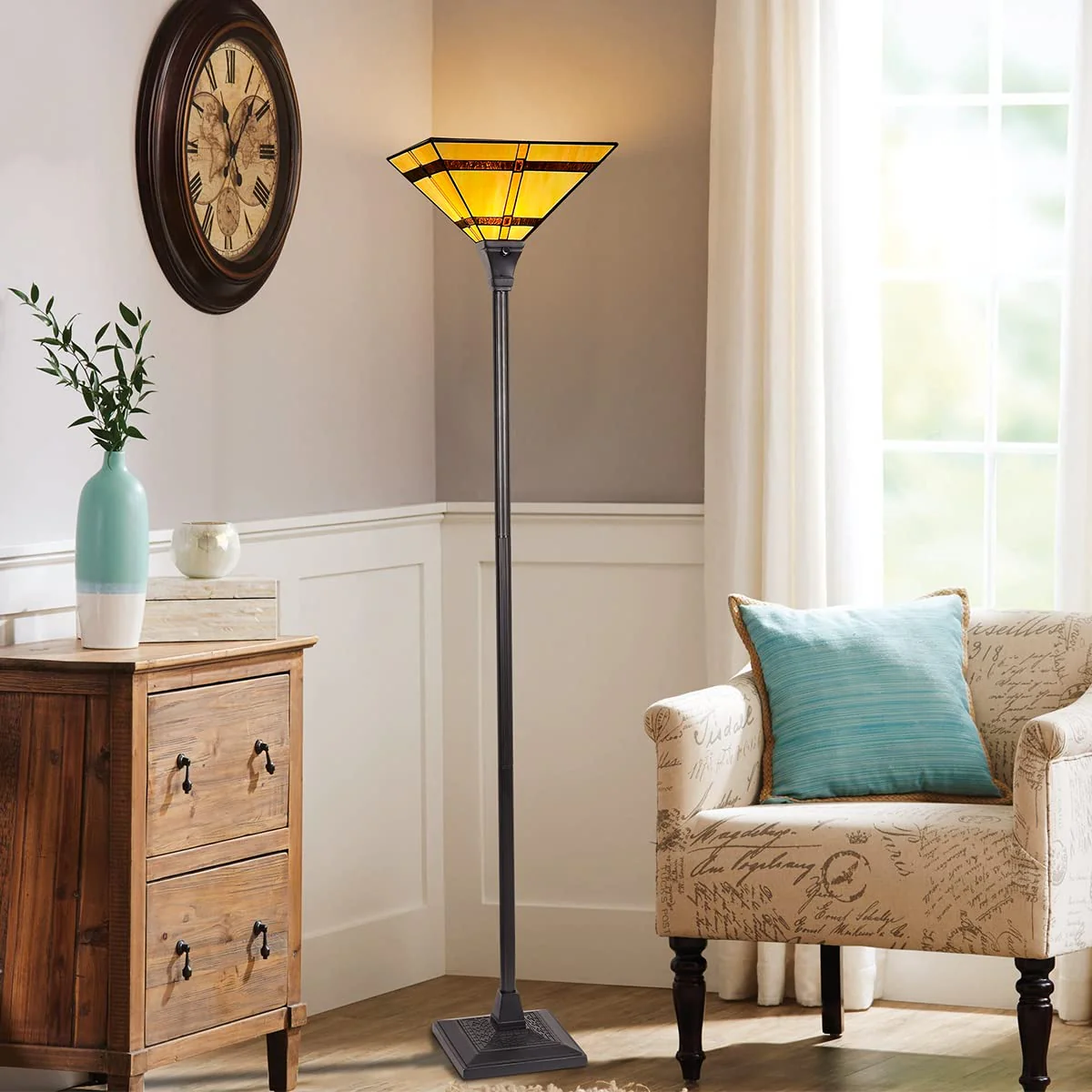 Thatyears Tiffany Torchiere Floor Lamps Cream Brown Style Stained Glass 12X12X69 Inches Antique Pole Standing Uplight Lamps Decor Living Room Bedroom Home Office - Image 5