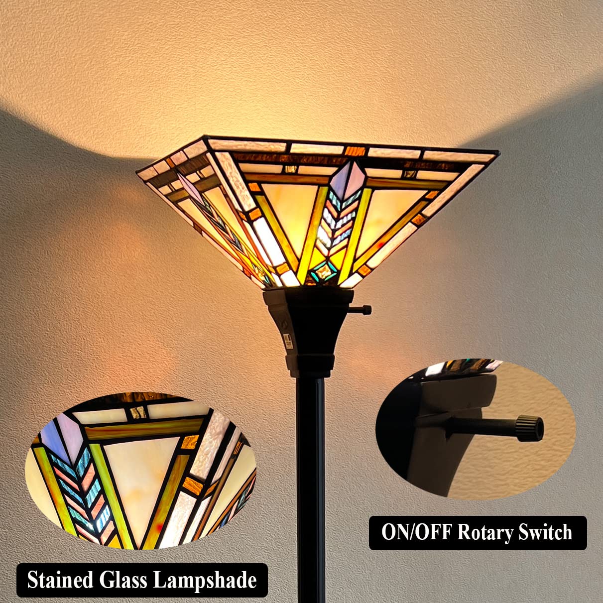 Thatyears Tiffany Torchiere Floor Lamps Firecracker Style Stained Glass 12X12X69 Inches Antique Pole Standing Uplight Lamps Decor Living Room Bedroom Home Office - Image 3