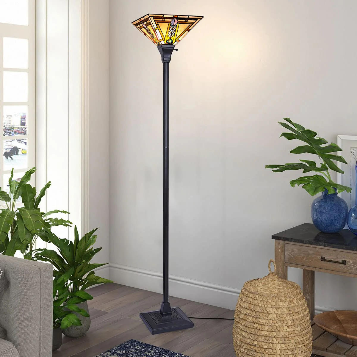 Thatyears Tiffany Torchiere Floor Lamps Firecracker Style Stained Glass 12X12X69 Inches Antique Pole Standing Uplight Lamps Decor Living Room Bedroom Home Office - Image 4