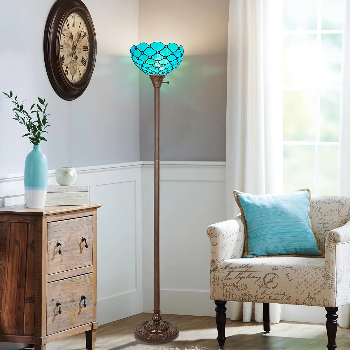 Thatyears Tiffany Torchiere Floor Lamps Seagrass Blue Beads Style Stained Glass 12X12X69 Inches Antique Pole Standing Uplight Lamps Decor Living Room Bedroom Home Office - Image 4