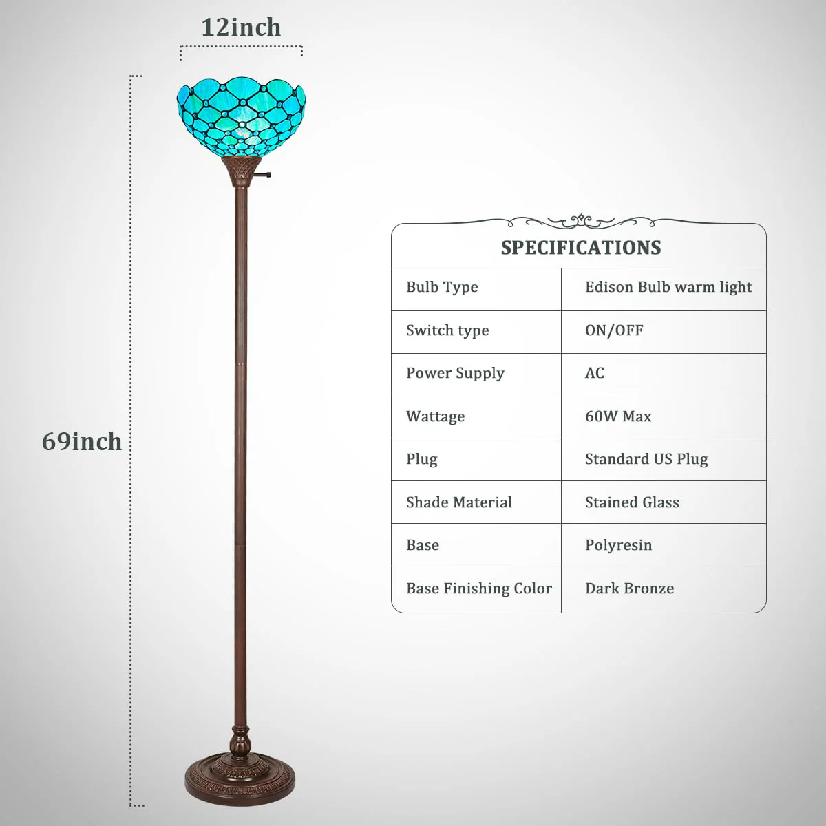 Thatyears Tiffany Torchiere Floor Lamps Seagrass Blue Beads Style Stained Glass 12X12X69 Inches Antique Pole Standing Uplight Lamps Decor Living Room Bedroom Home Office - Image 6
