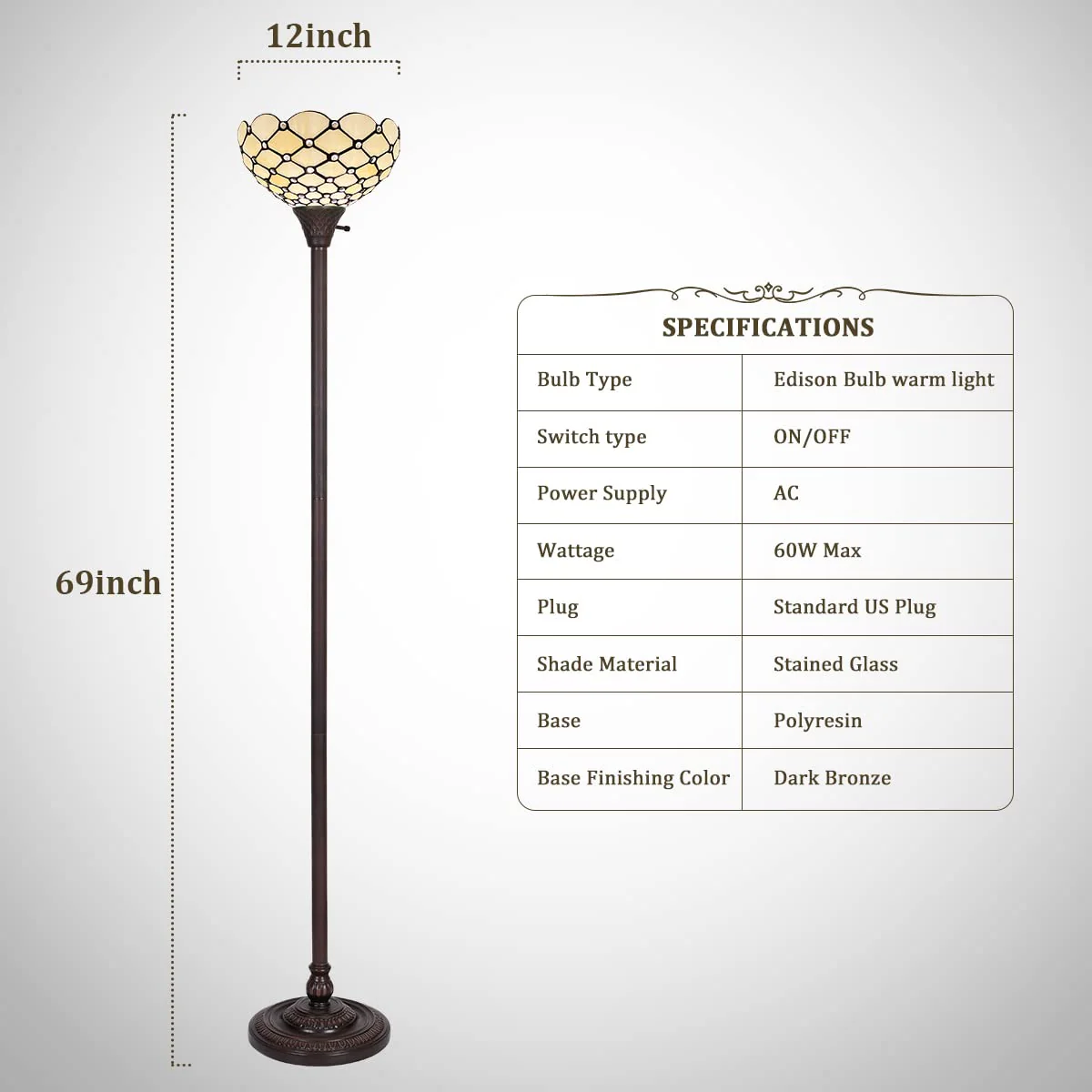Thatyears Tiffany Torchiere Floor Lamps White Beads Style Stained Glass 12X12X69 Inches Antique Pole Standing Uplight Lamps Decor Living Room Bedroom Home Office - Image 4