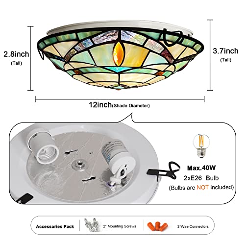 ARTZONE Tiffany Ceiling Lights, Stained Glass Ceiling Light 2-Lights 12 Inch Tiffany Flush Mount Ceiling Light for Bedroom Dining Living Room Entryway Foyer - Image 5