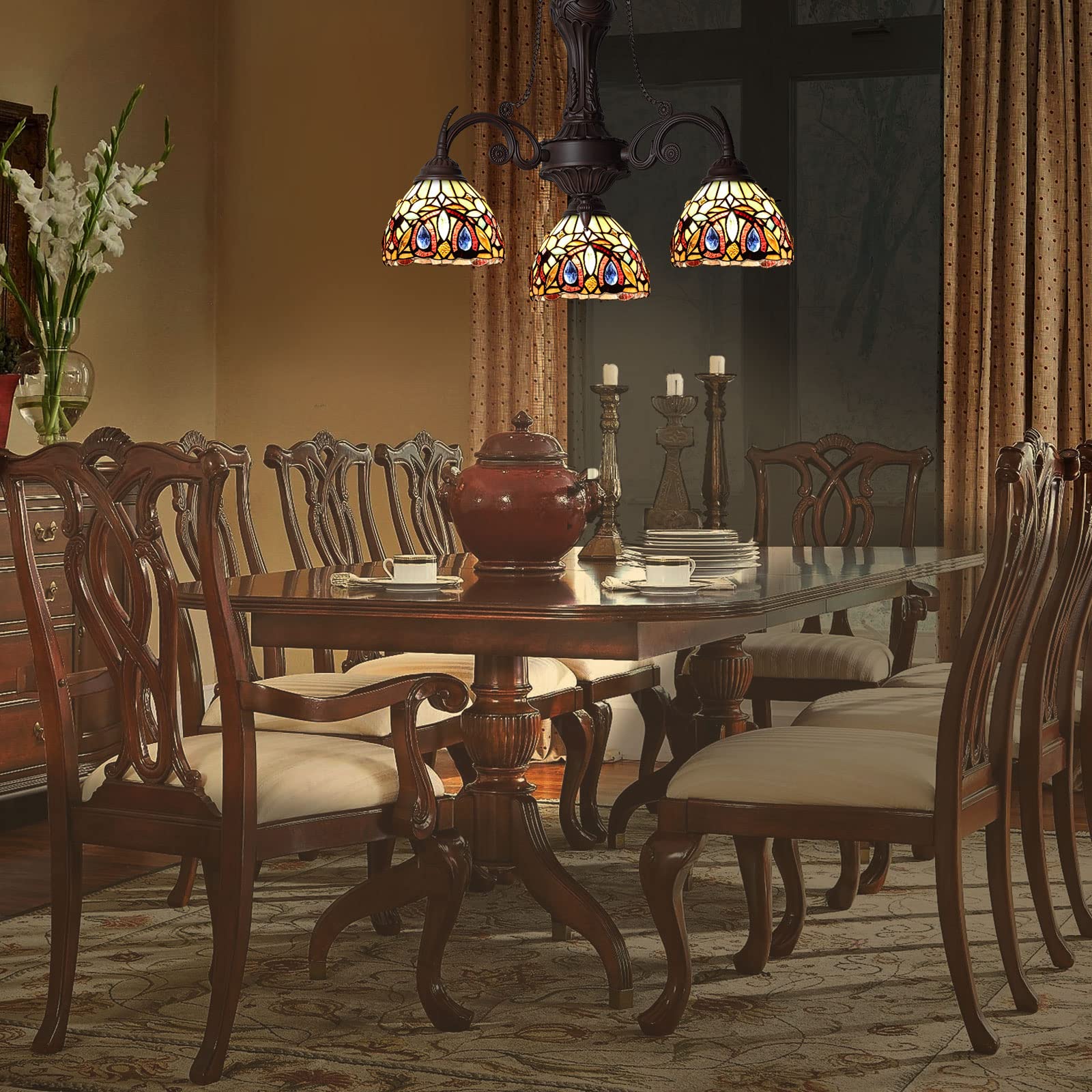 Capulina Tiffany Pendant Light Chandeliers 3-Light Cream Brown Antique Style Stained Glass Pendant Light for Living Dining Room Kitchen Foyer - Image 3