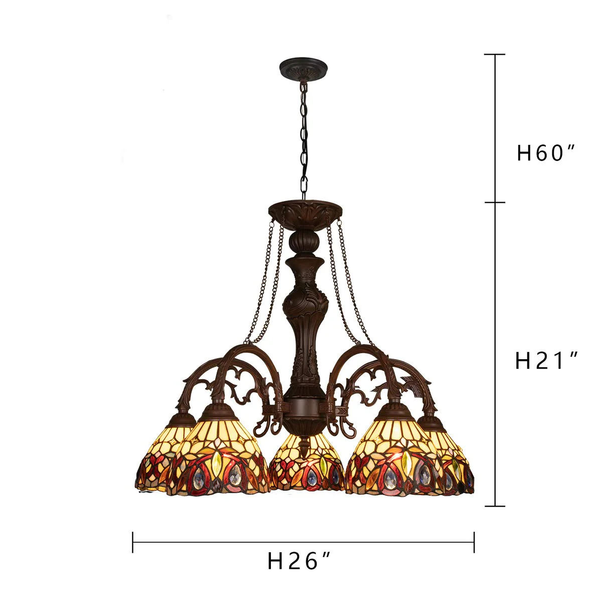Capulina Tiffany Style Pendant Light Chandeliers 5-Light 26 Inches Wide Cream Brown Vintage Style Stained Glass Hangings Lamp for Dining Room Foyer Kitchen Island - Image 6