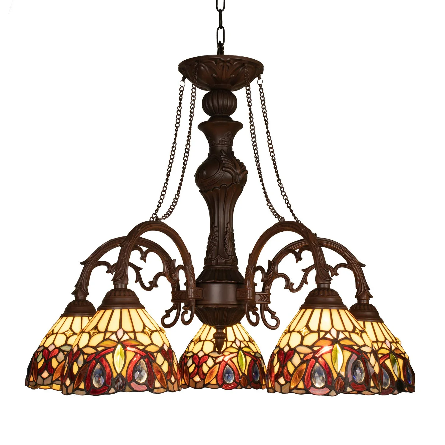 Capulina Tiffany Style Pendant Light Chandeliers 5-Light 26 Inches Wide Cream Brown Vintage Style Stained Glass Hangings Lamp for Dining Room Foyer Kitchen Island - Image 7