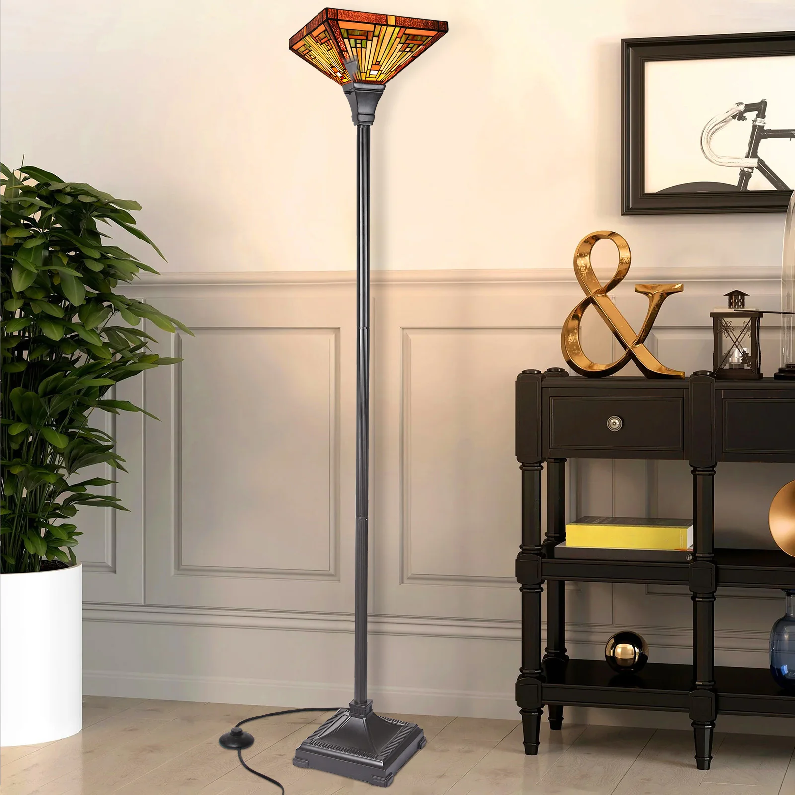 Capulina Tiffany Lamp Stained Glass Torchiere Floor Lamp, 12x12x70 Inches Industrial Blackish Bronze Pole Amber Brown Antique Tiffany Style Torch Standing Lamp for Living Room Bedroom Home Office - Image 3