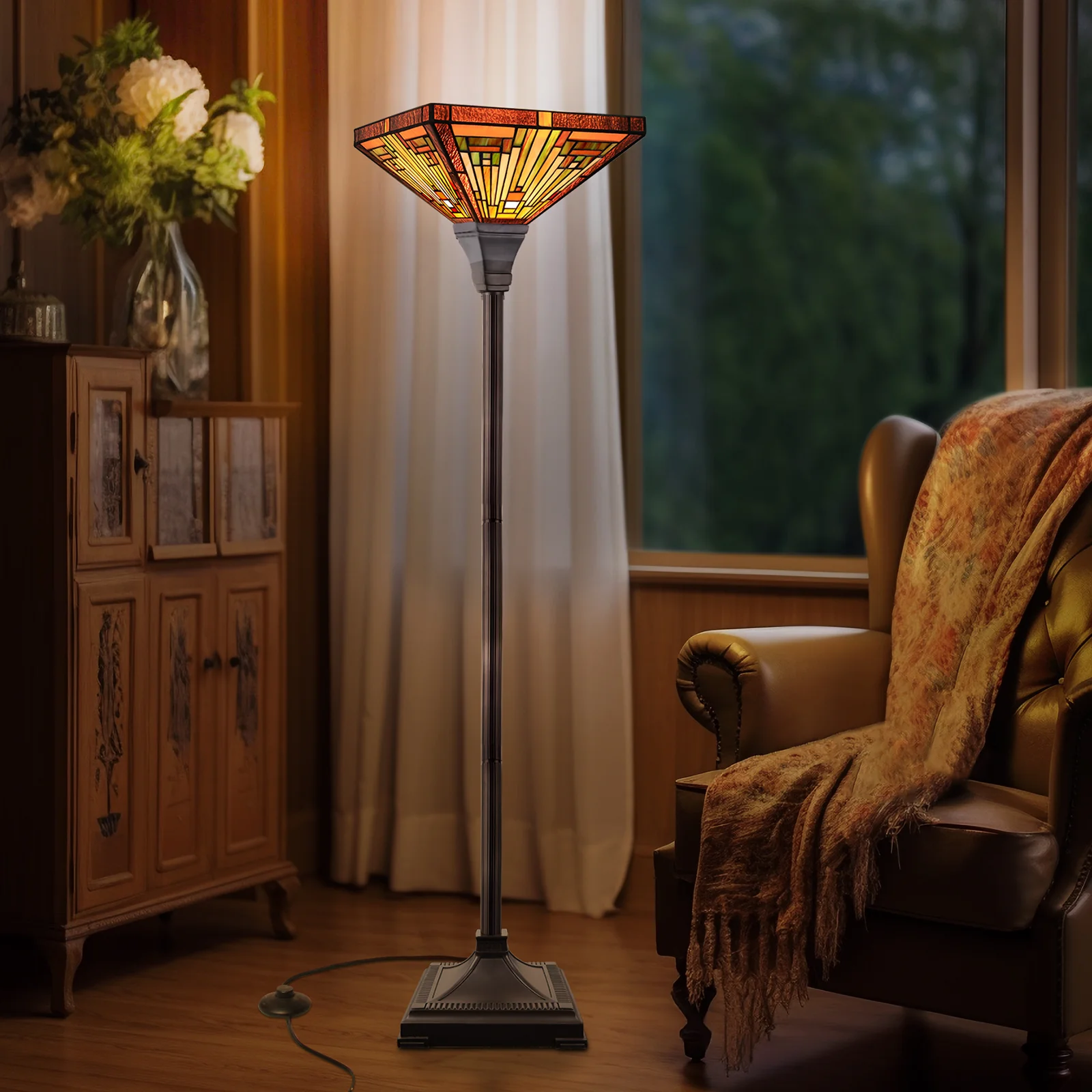 Capulina Tiffany Lamp Stained Glass Torchiere Floor Lamp, 12x12x70 Inches Industrial Blackish Bronze Pole Amber Brown Antique Tiffany Style Torch Standing Lamp for Living Room Bedroom Home Office - Image 4