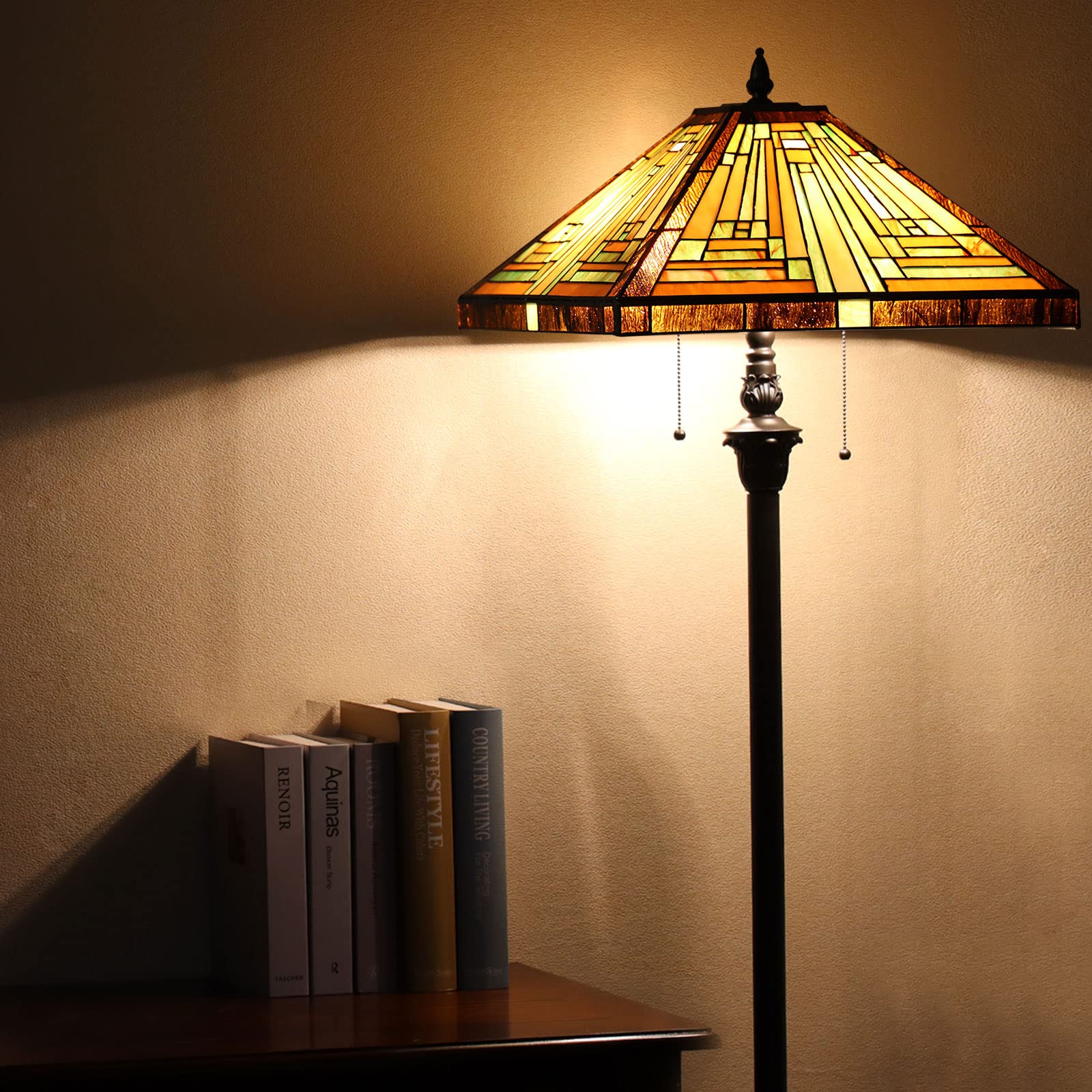 Capulina Tiffany Floor Lamp 2-Light 16X16X63 Inches Amber Brown Mission Antique Style Stained Glass Standing Reading Light for Living Room Bedroom Office - Image 3