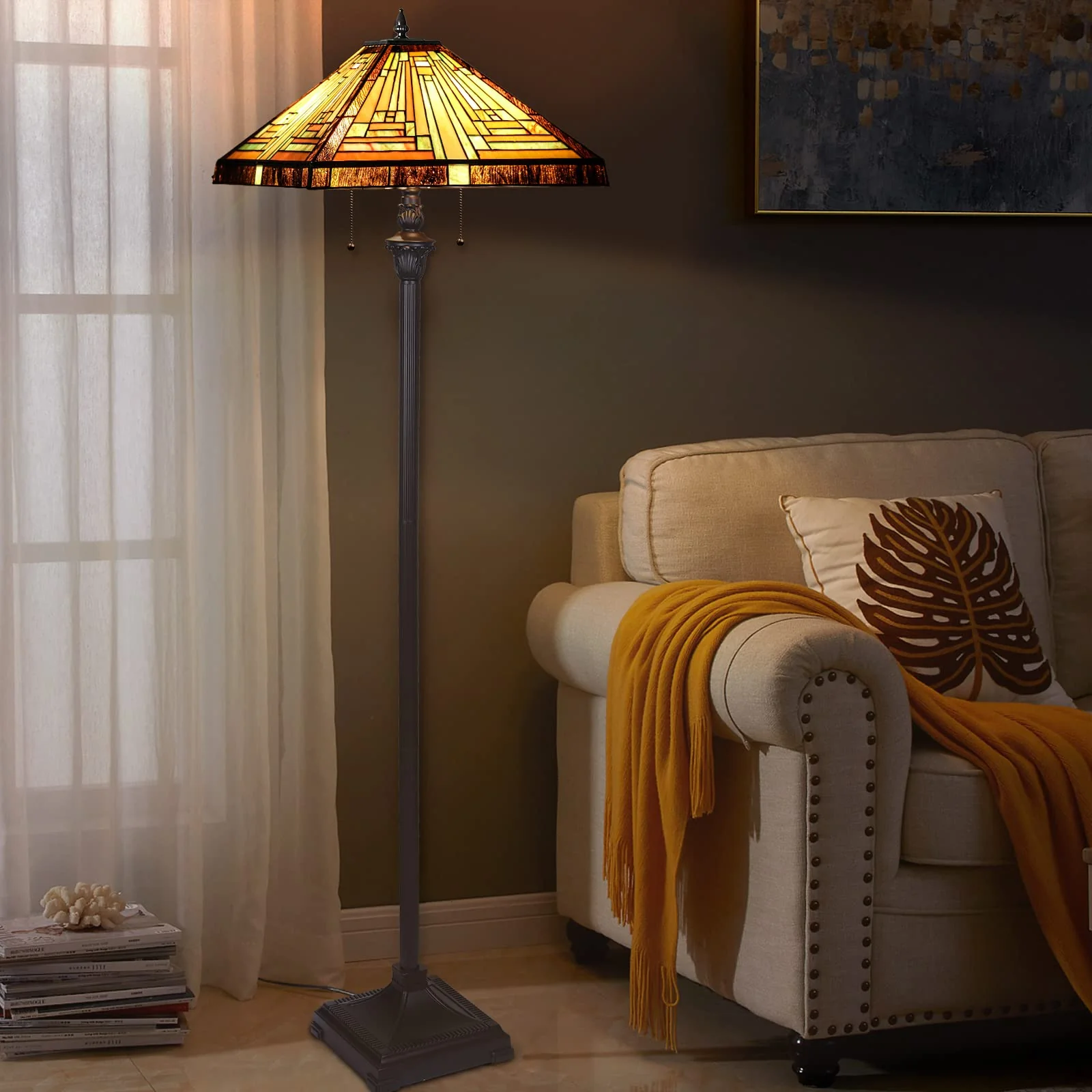 Capulina Tiffany Floor Lamp 2-Light 16X16X63 Inches Amber Brown Mission Antique Style Stained Glass Standing Reading Light for Living Room Bedroom Office - Image 4