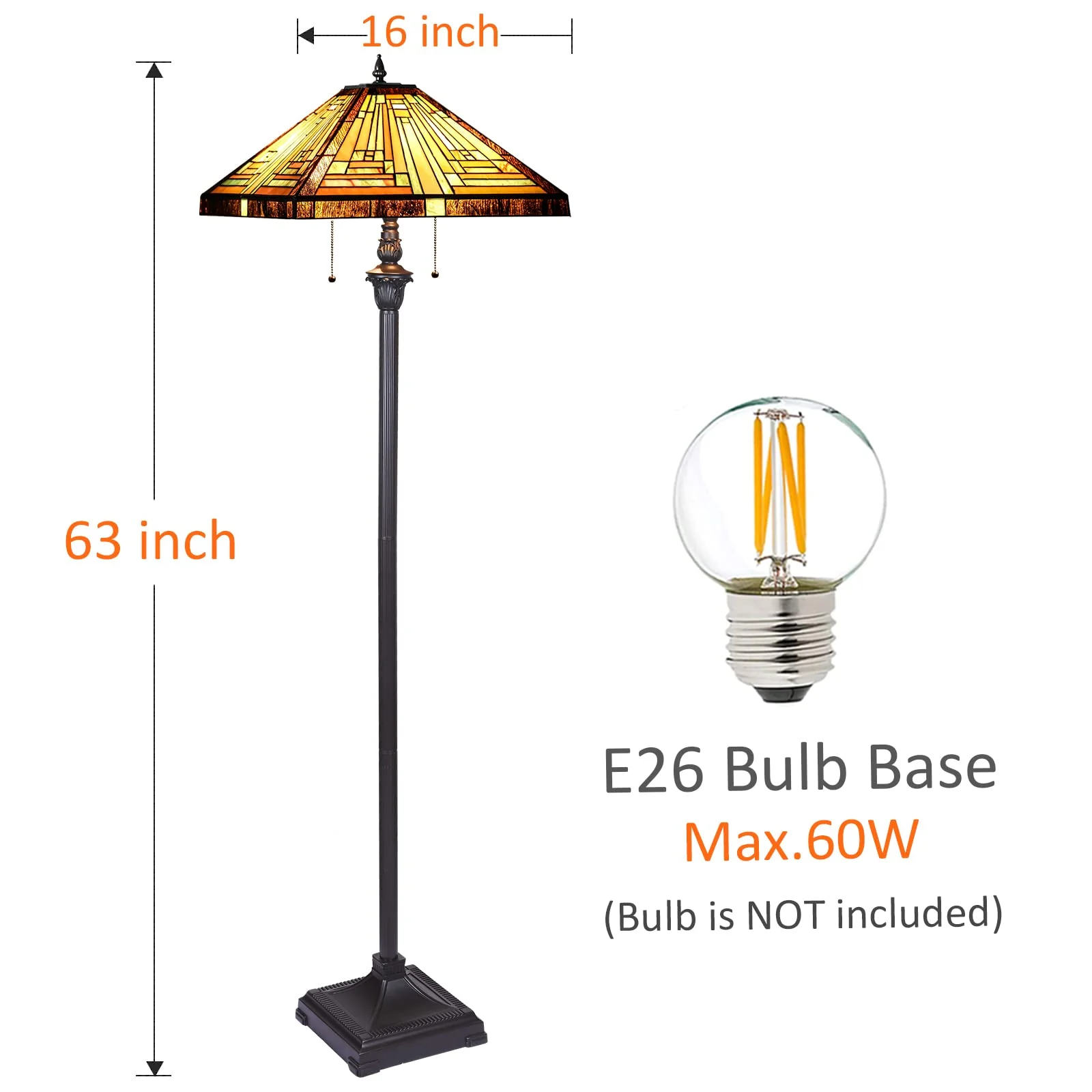 Capulina Tiffany Floor Lamp 2-Light 16X16X63 Inches Amber Brown Mission Antique Style Stained Glass Standing Reading Light for Living Room Bedroom Office - Image 6