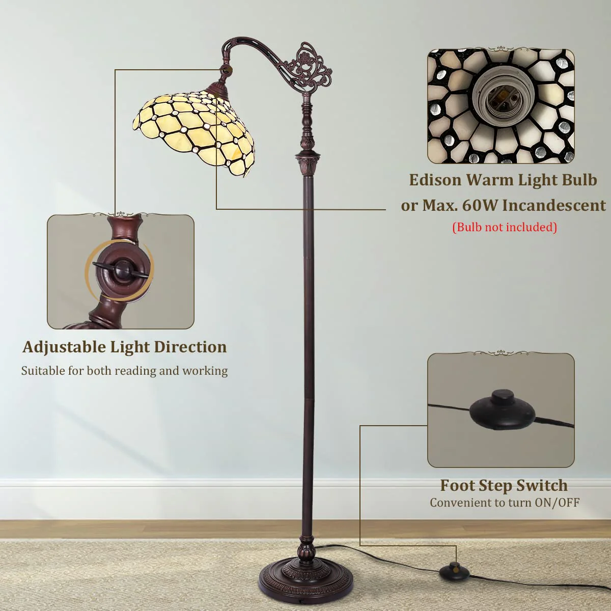 Thatyears Tiffany Floor Lamp White Beads Style Stained Glass Gooseneck Arched Pole Adjustable Corner Standing Reading Light Decor Bedroom Living Room Home Office - Image 2