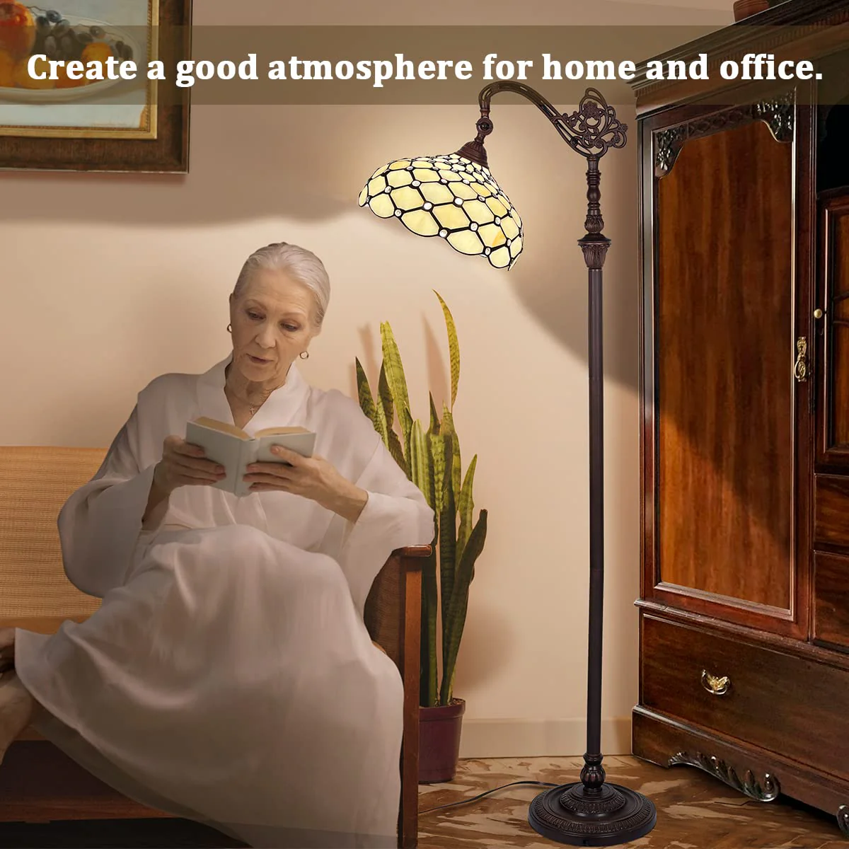 Thatyears Tiffany Floor Lamp White Beads Style Stained Glass Gooseneck Arched Pole Adjustable Corner Standing Reading Light Decor Bedroom Living Room Home Office - Image 3