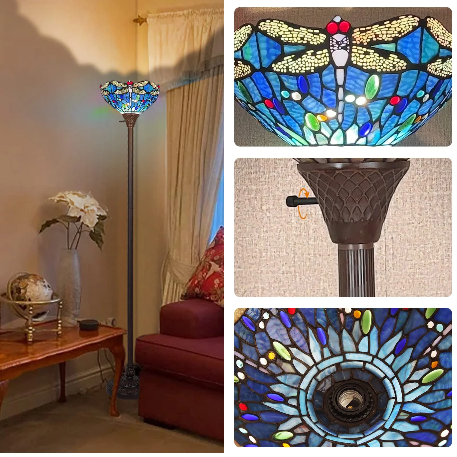 Capulina Tiffany Floor Lamp Industrial Pole Vintage Dragonfly Style - Image 4