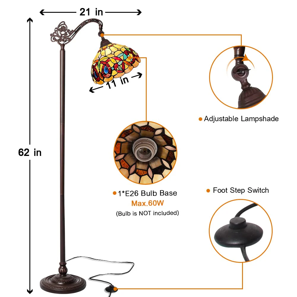 Capulina Tiffany Floor Lamp H62 Tall Inlaid Crystal Victorian Style Stained Glass Soft Light Arched Gooseneck Adjustable Angle Reading Lamp for Living Room Bedroom - Image 4