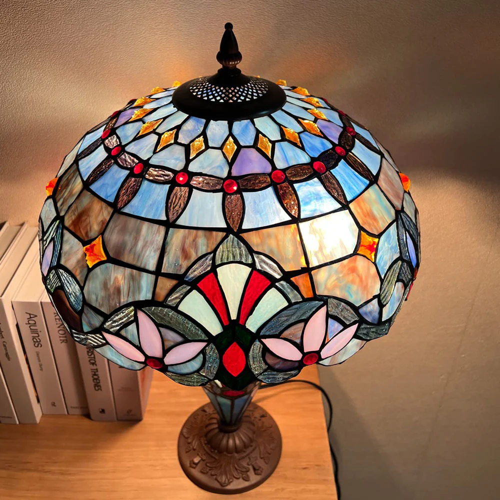Capulina Tiffany Table Lamp, 3-Light 16X16X24 Inches with Nightlight Light Blue Victorian Style Desk Lamp for Home Office Living Room Bedroom - Image 3