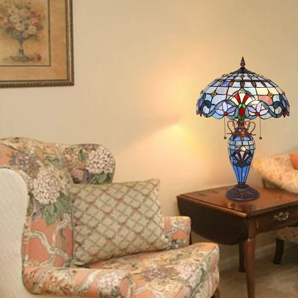 Capulina Tiffany Table Lamp, 3-Light 16X16X24 Inches with Nightlight Light Blue Victorian Style Desk Lamp for Home Office Living Room Bedroom - Image 4