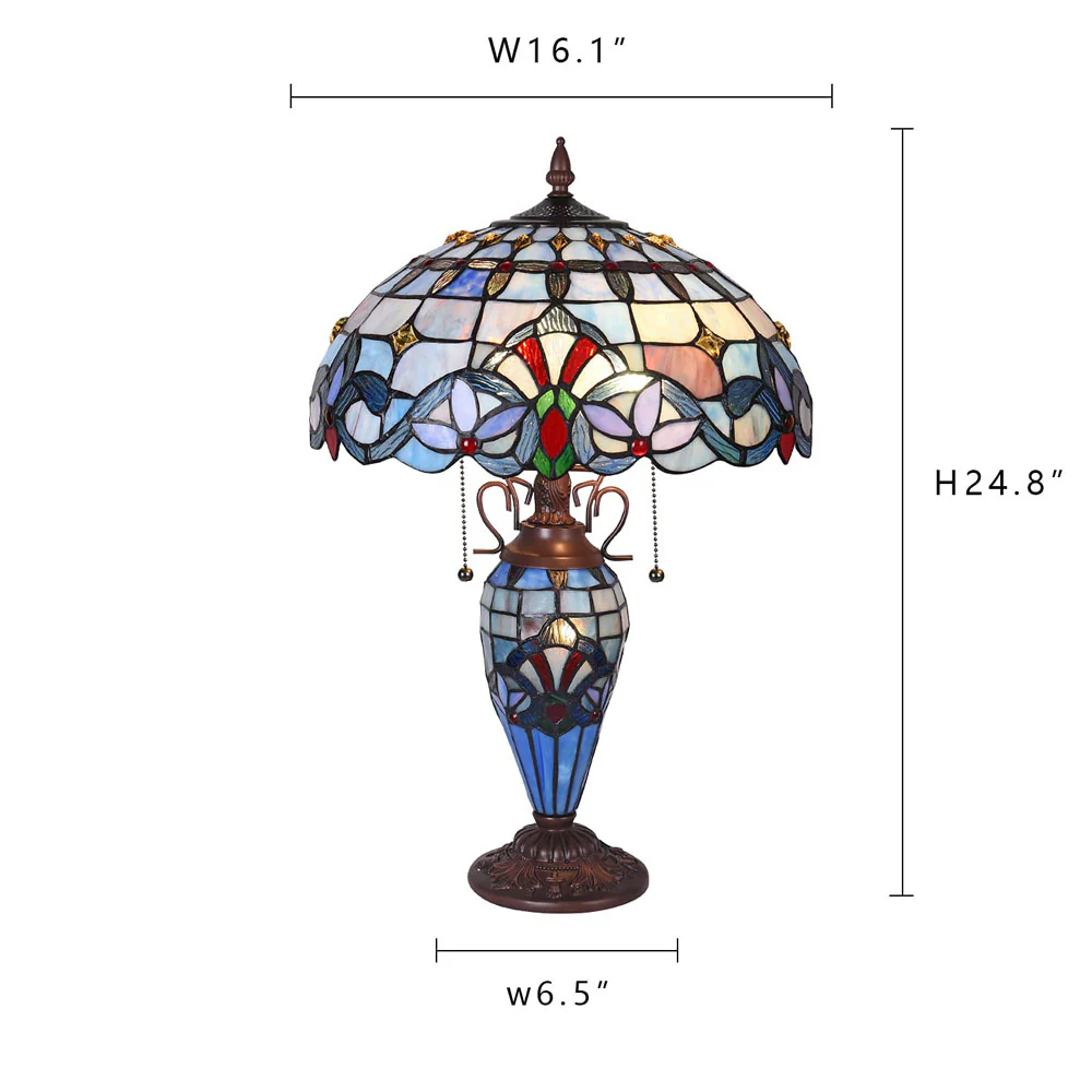 Capulina Tiffany Table Lamp, 3-Light 16X16X24 Inches with Nightlight Light Blue Victorian Style Desk Lamp for Home Office Living Room Bedroom - Image 7