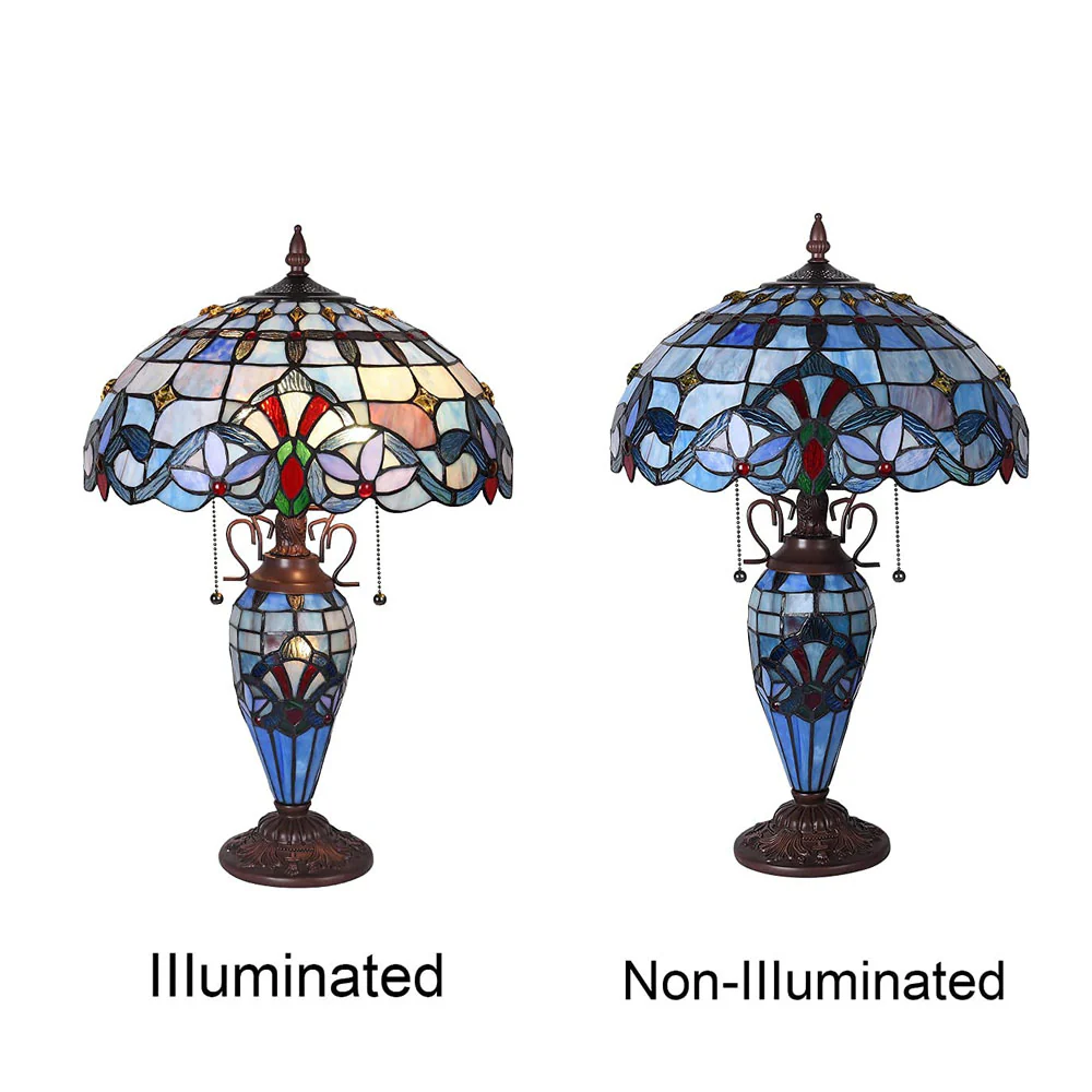 Capulina Tiffany Table Lamp, 3-Light 16X16X24 Inches with Nightlight Light Blue Victorian Style Desk Lamp for Home Office Living Room Bedroom - Image 8