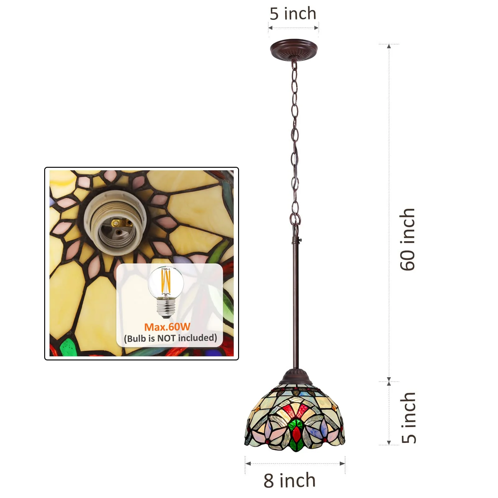 Capulina Tiffany Mini Pendant Light Rustic Antique Style Stained Glass Hanging Lamp - Image 7