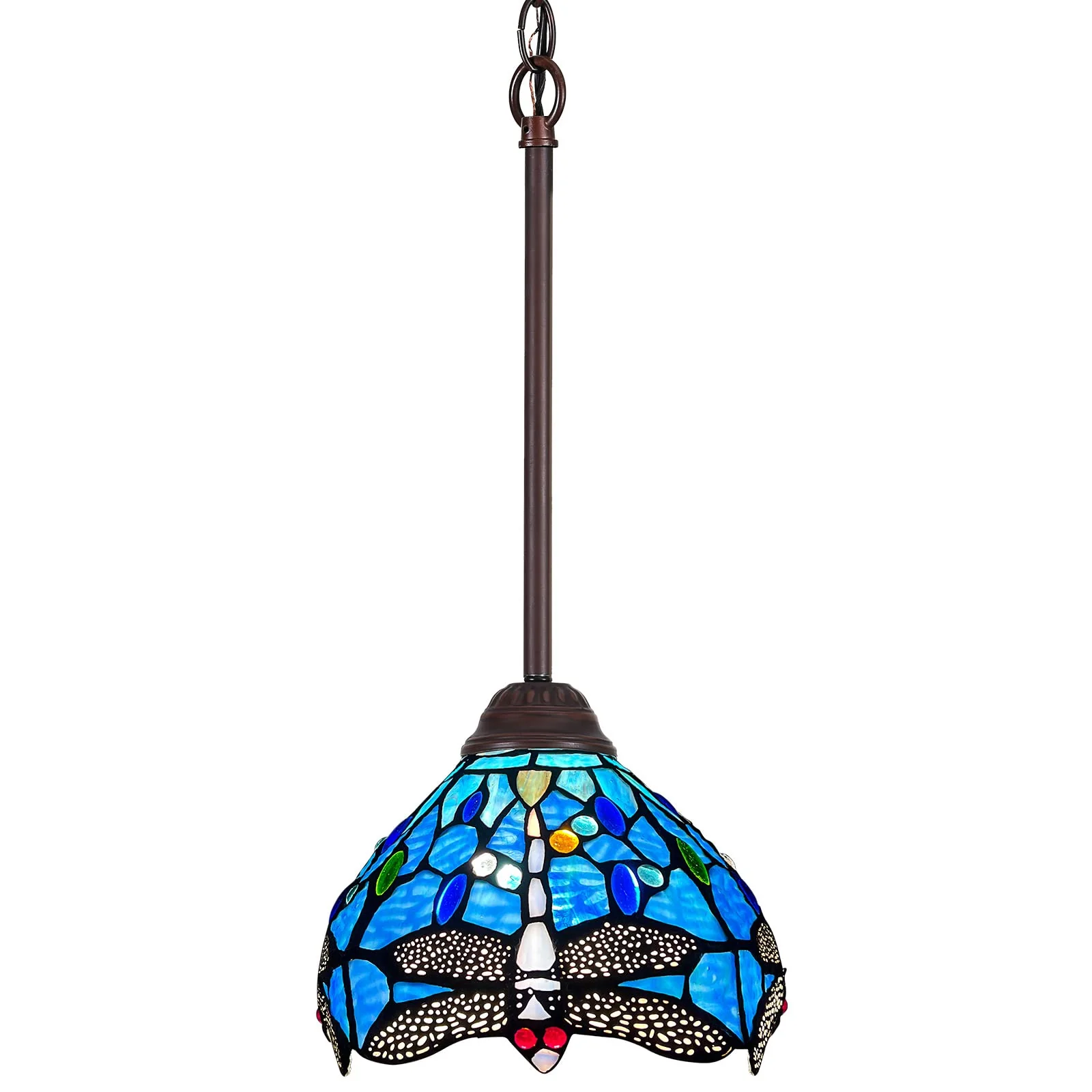 Capulina Tiffany Mini Pendant Light Victorian Rustic Style Blue Dragonfly Stained Glass - Image 7