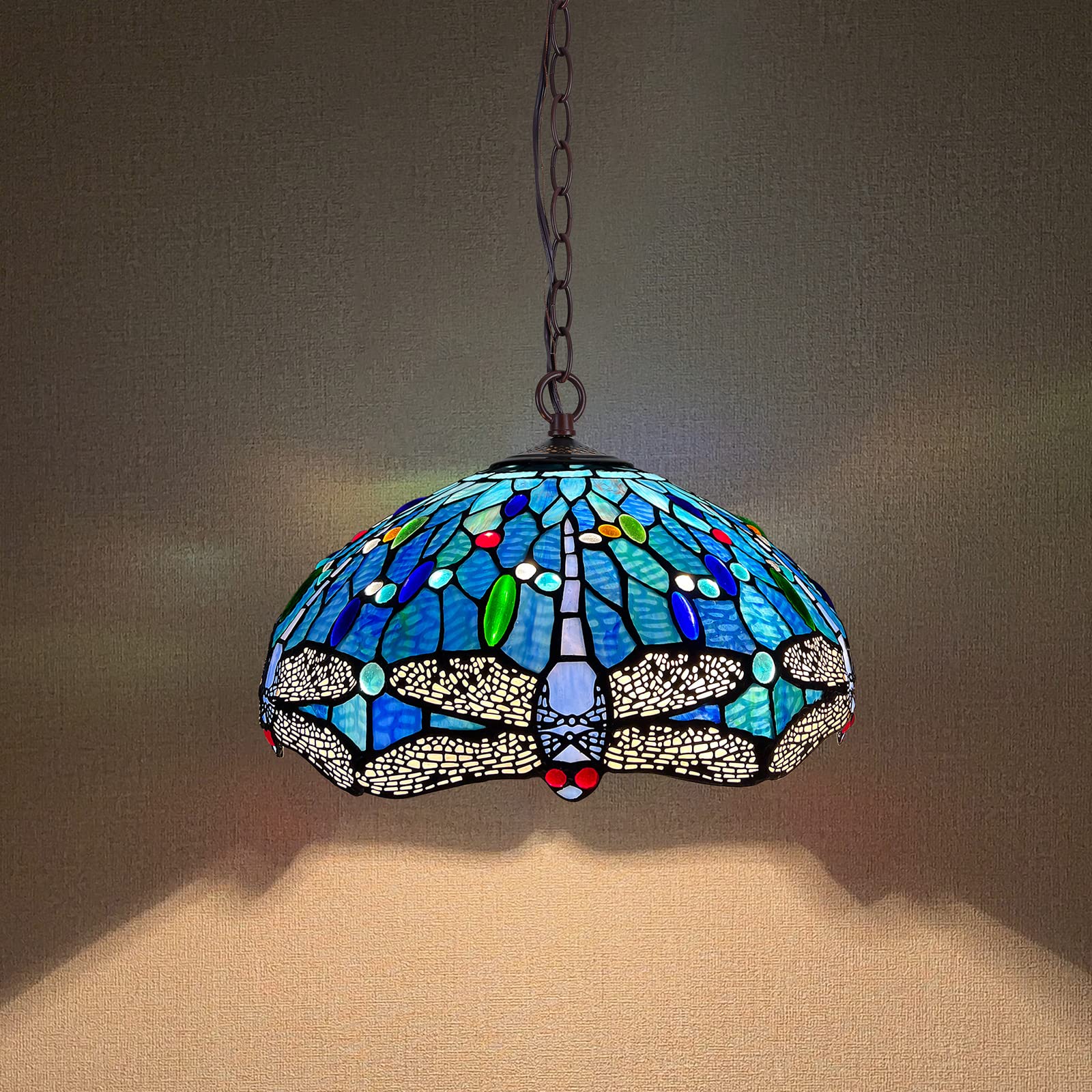 Capulina Tiffany Pendant Light Antique Dragonfly Style Stained Glass Hanging Lamp - Image 3