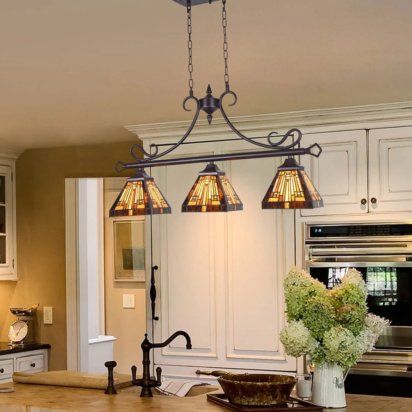 Capulina Kitchen Dining Room Tiffany Pendant Lighting 3-Light Vintage Antique Style Chandelier Pendant Light Fixture for Rustic Farmhouse - Image 2