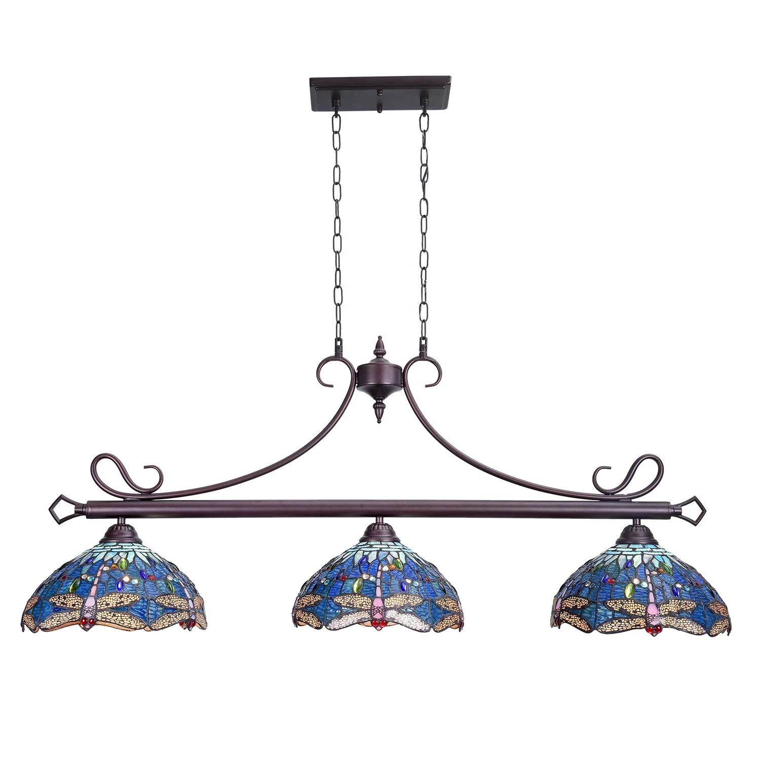 Capulina Tiffany Pool Table Lights 3-Light 45 Inches Wide Pendant Light Antique Blue Dragonfly Style Farmhouse Chandelier for Dining Room Kitchen Island - Image 7