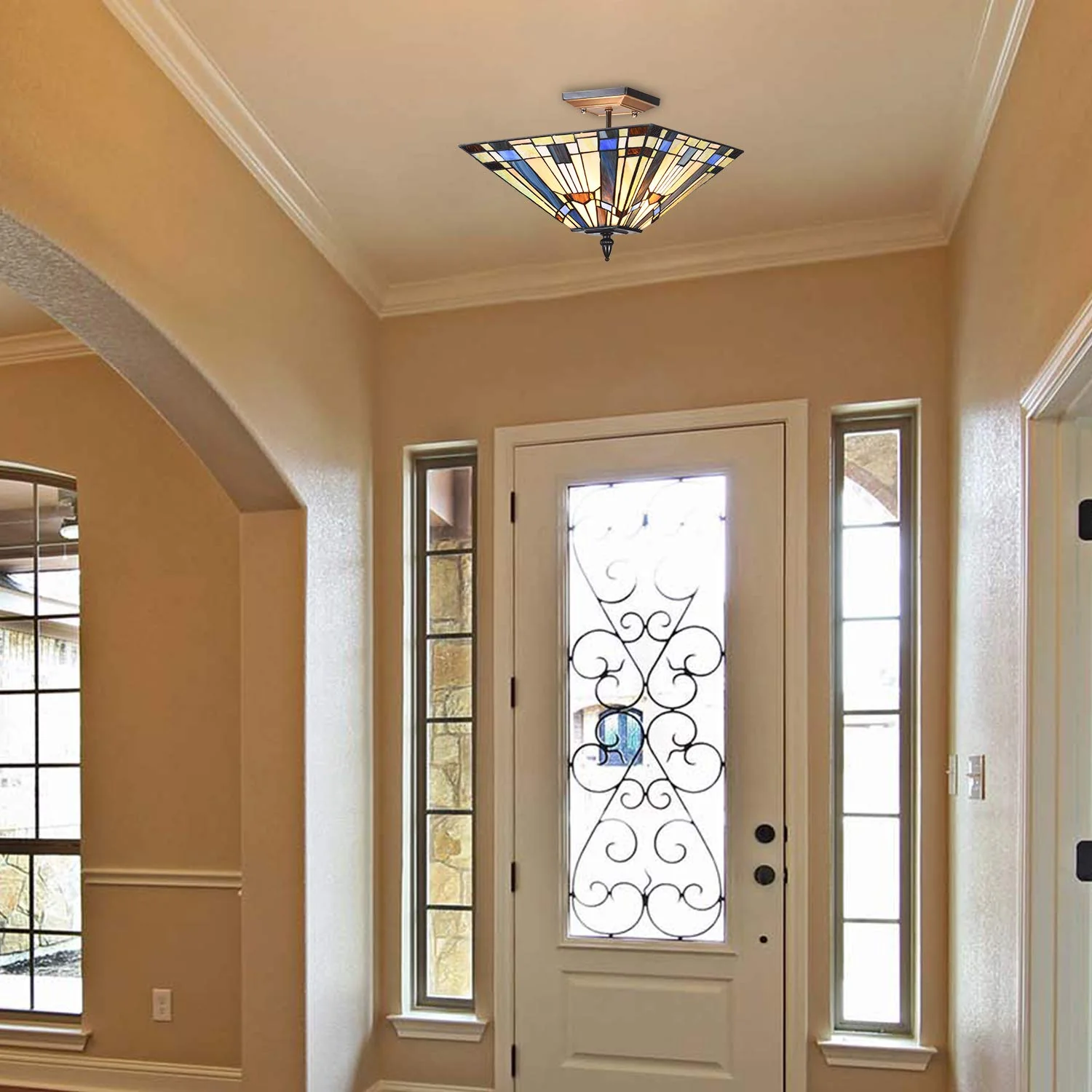 Capulina Tiffany Semi Flush Mount Ceiling Light 2 Light 14X14X11 Inches Stained Glass Pendant Light for Living Room Bedroom Hallway Entrance - Image 3