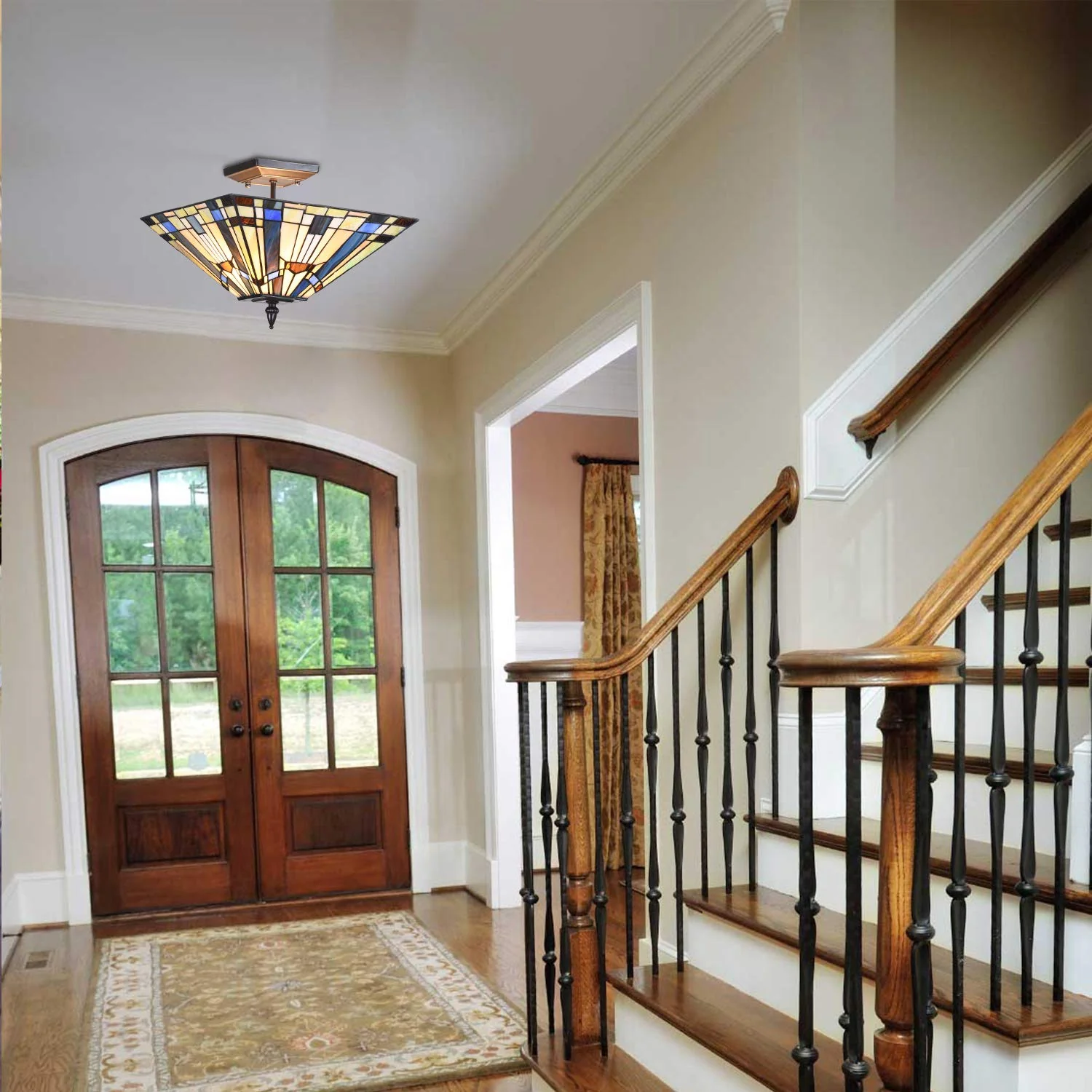 Capulina Tiffany Semi Flush Mount Ceiling Light 2 Light 14X14X11 Inches Stained Glass Pendant Light for Living Room Bedroom Hallway Entrance - Image 4