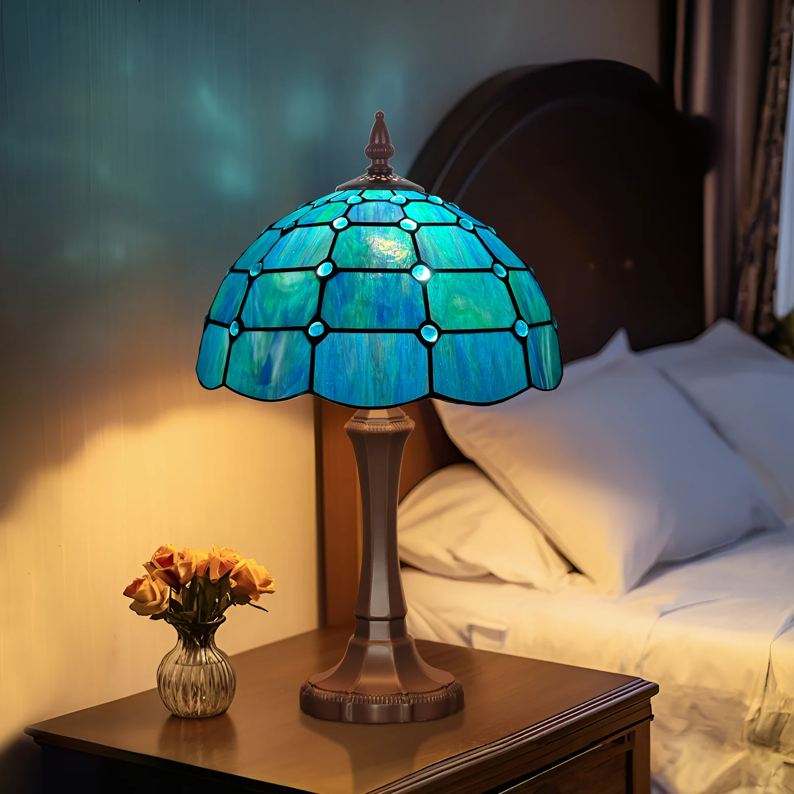 Tiffany Table Lamp 12 inch Blue Beads Style Stained Glass Table Lamp - Image 3