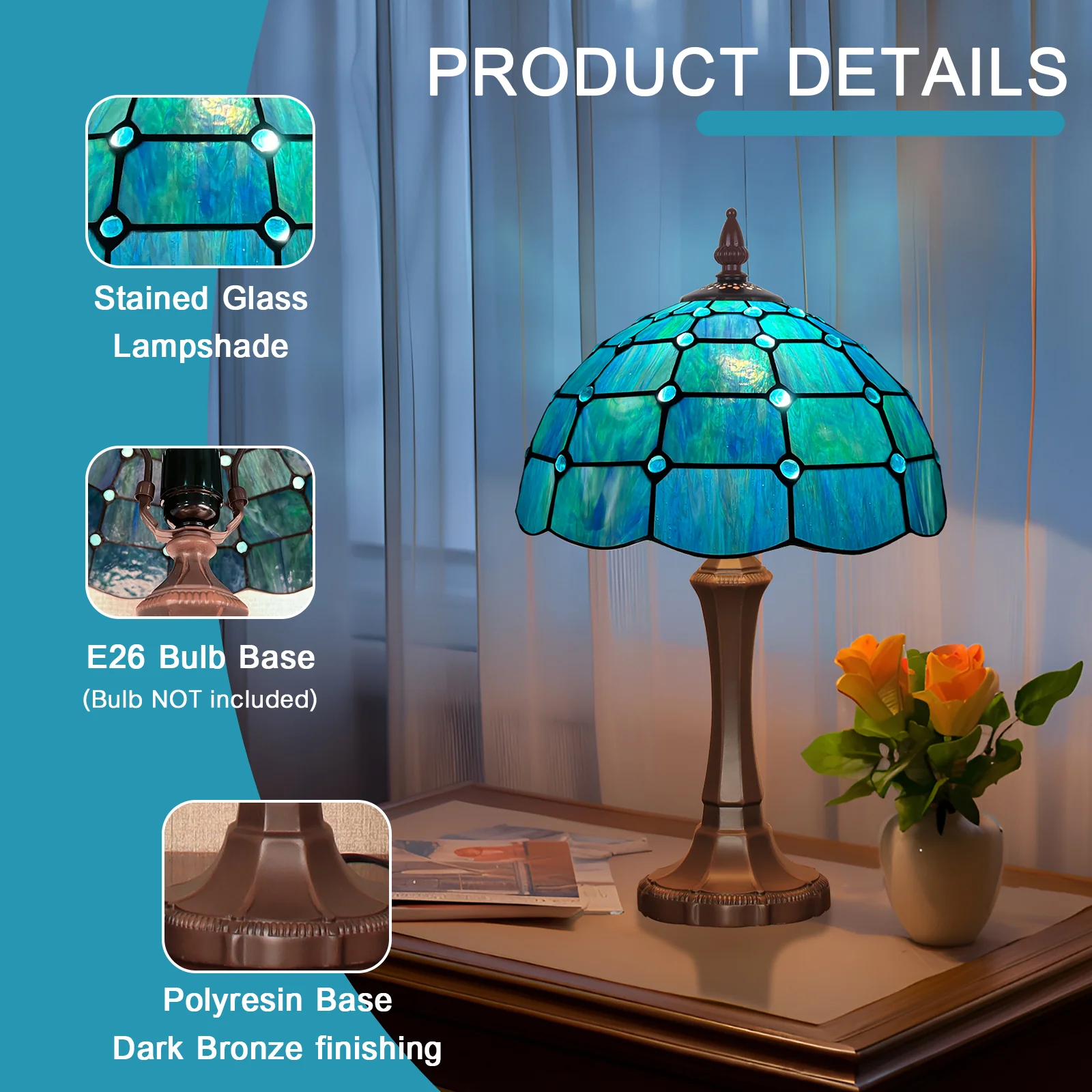 Tiffany Table Lamp 12 inch Blue Beads Style Stained Glass Table Lamp - Image 7
