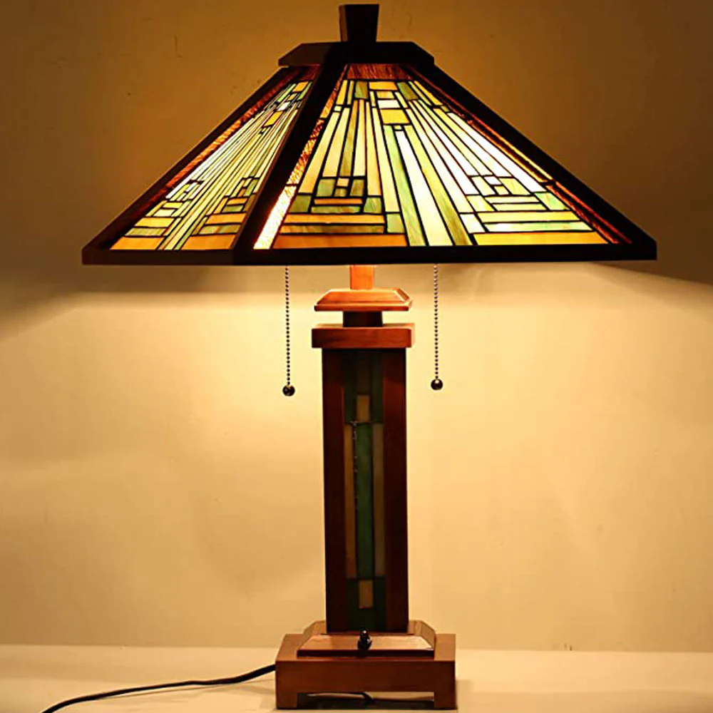 Capulina Tiffany Style Table Lamp 3-Light 15X15X26 Inches Mission Amber Brown Style Wood Base Desk Lamp with Night Light Decor for Living Room Bedroom Home Office - Image 3