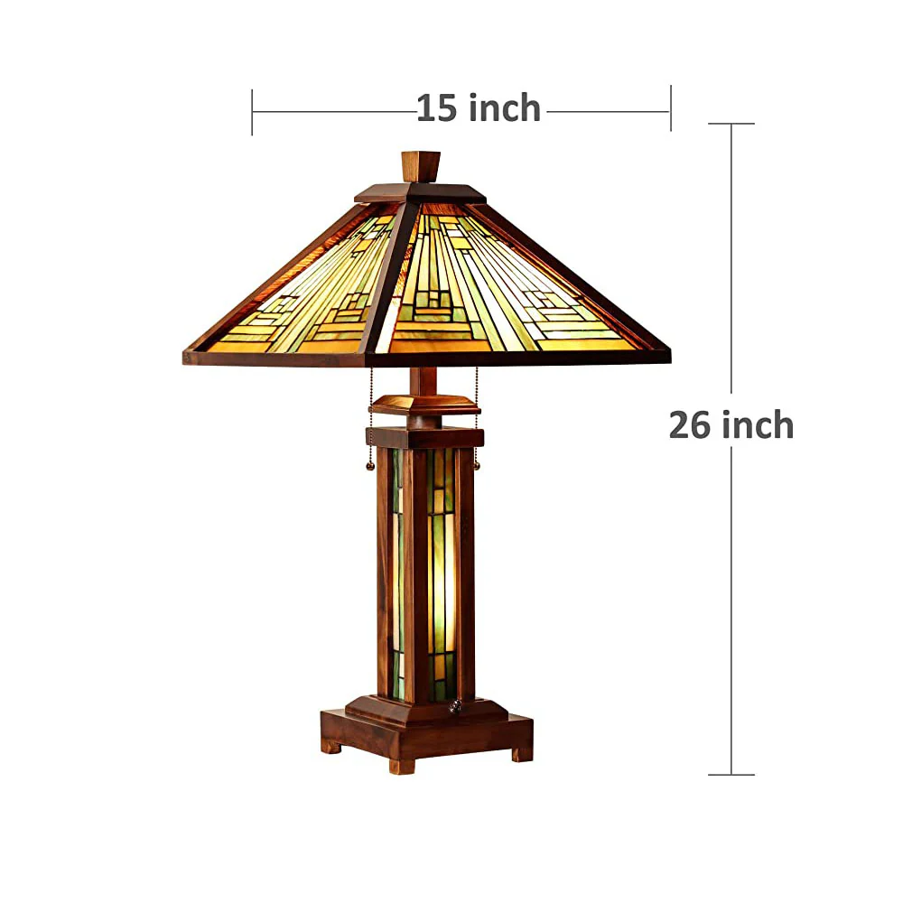 Capulina Tiffany Style Table Lamp 3-Light 15X15X26 Inches Mission Amber Brown Style Wood Base Desk Lamp with Night Light Decor for Living Room Bedroom Home Office - Image 4