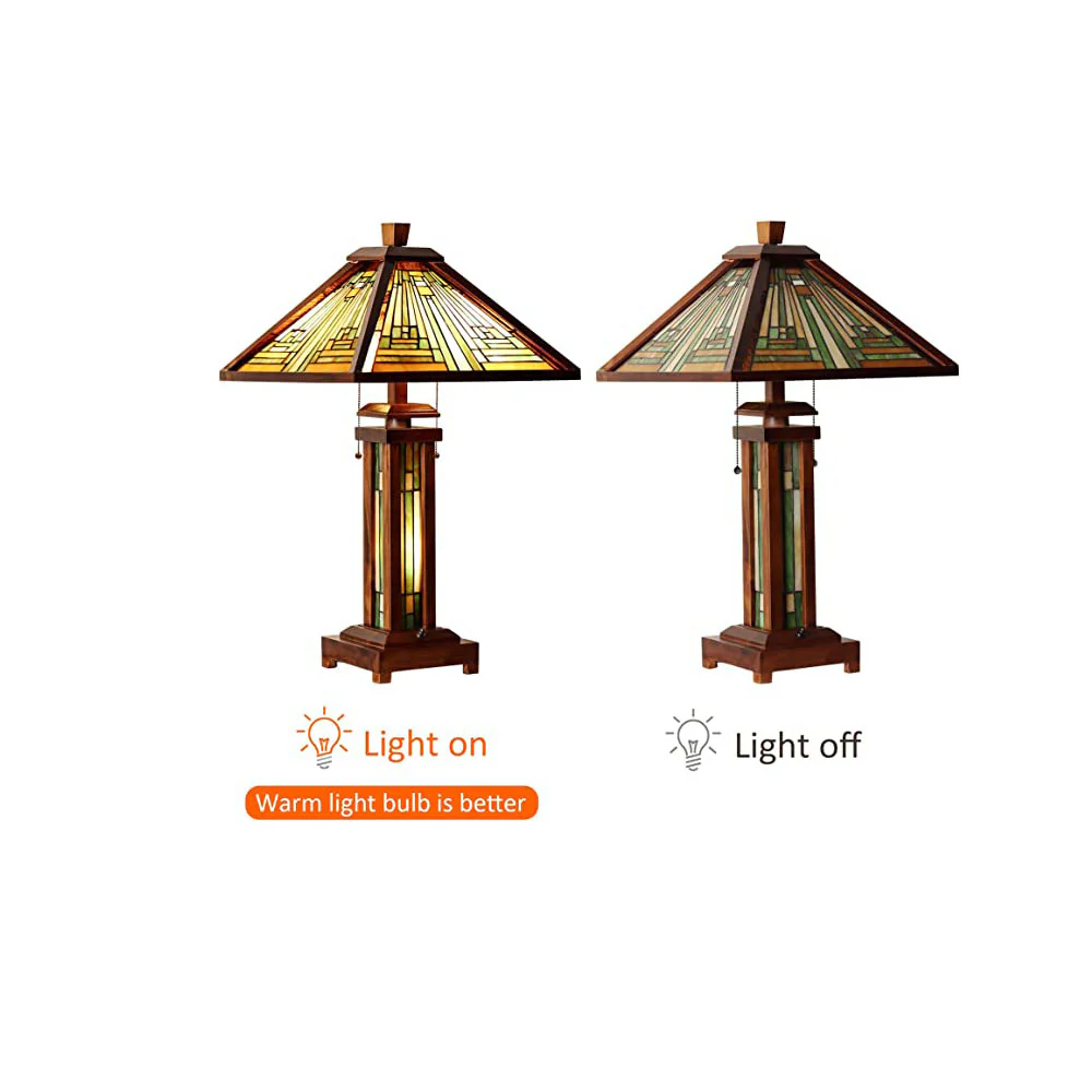 Capulina Tiffany Style Table Lamp 3-Light 15X15X26 Inches Mission Amber Brown Style Wood Base Desk Lamp with Night Light Decor for Living Room Bedroom Home Office - Image 5