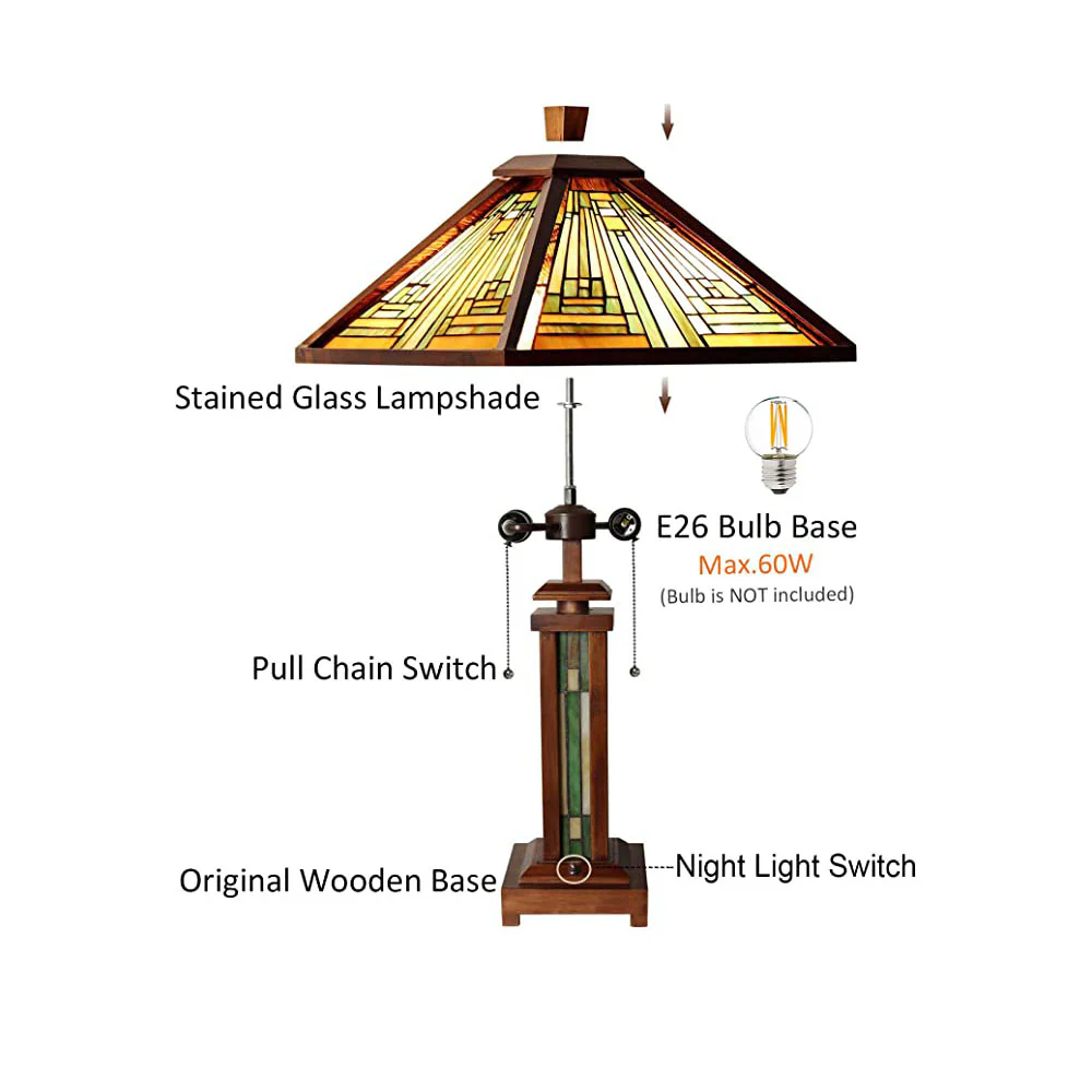 Capulina Tiffany Style Table Lamp 3-Light 15X15X26 Inches Mission Amber Brown Style Wood Base Desk Lamp with Night Light Decor for Living Room Bedroom Home Office - Image 6