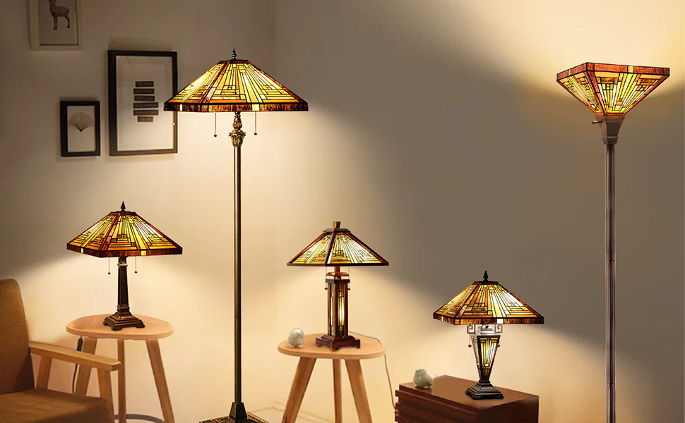 Capulina Tiffany Style Table Lamp 3-Light 15X15X26 Inches Mission Amber Brown Style Wood Base Desk Lamp with Night Light Decor for Living Room Bedroom Home Office - Image 7
