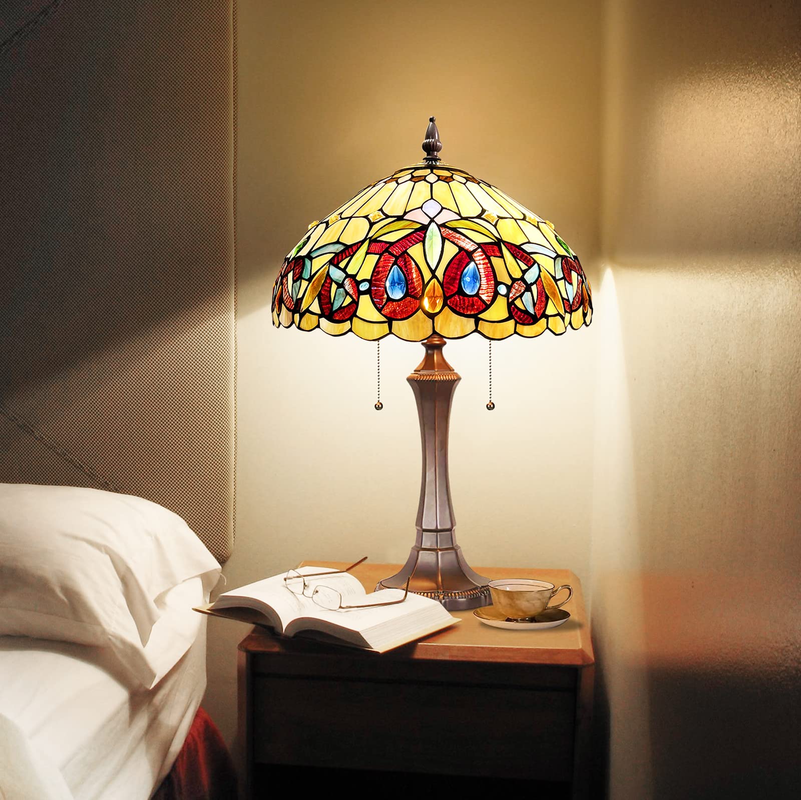 Capulina Tiffany Table Lamp Bedside Reading Lamp 2-Light 16X16X24 Inches Antique Victorian Art Style Desk Lamp for Bedrooms Living Room Office - Image 3